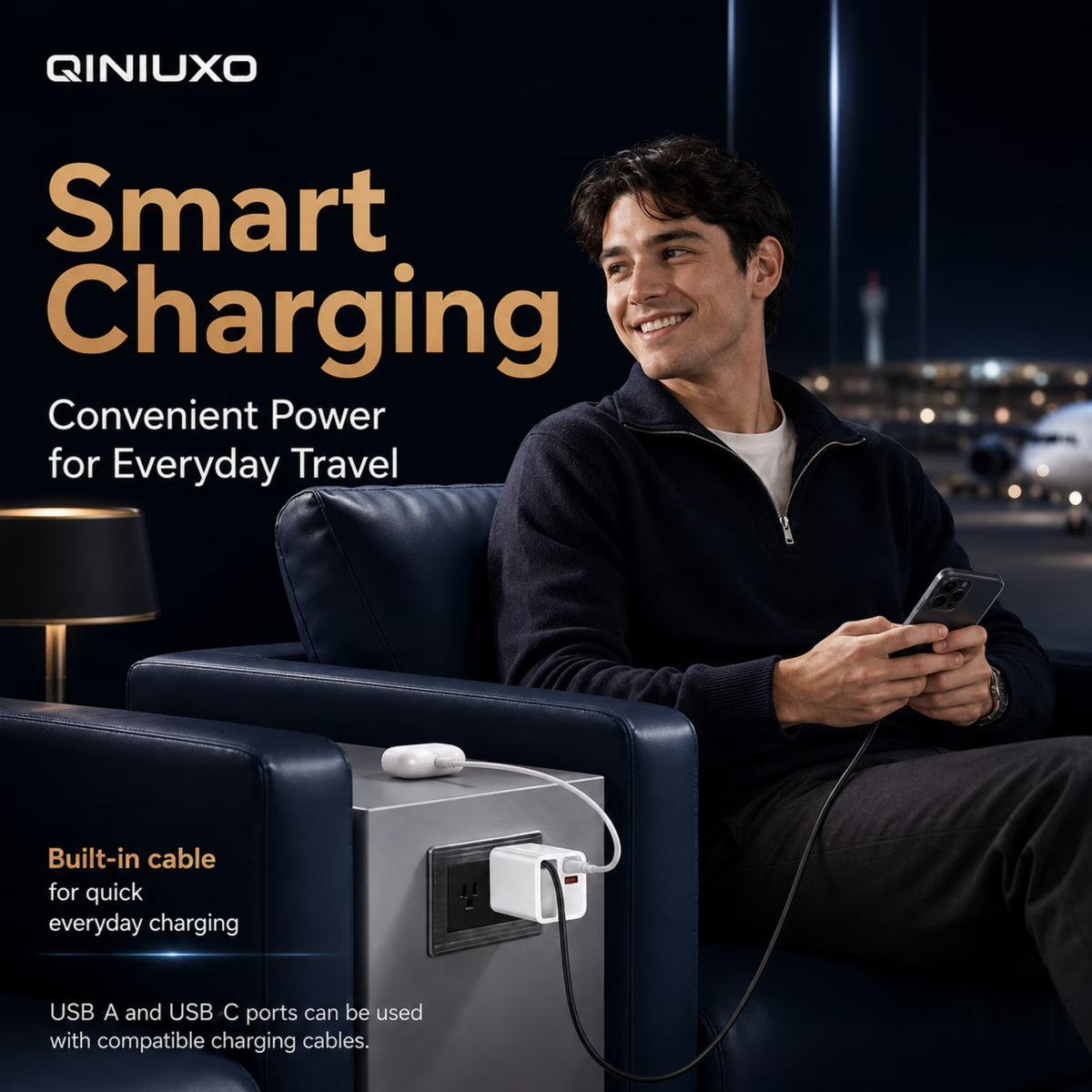 QINIUXO 3-in-1 Retractable USB C Charger, 65W Max Total Output Wall Charger with 25.5 in Built-In Type C Cable, USB C & USB A Charging Ports