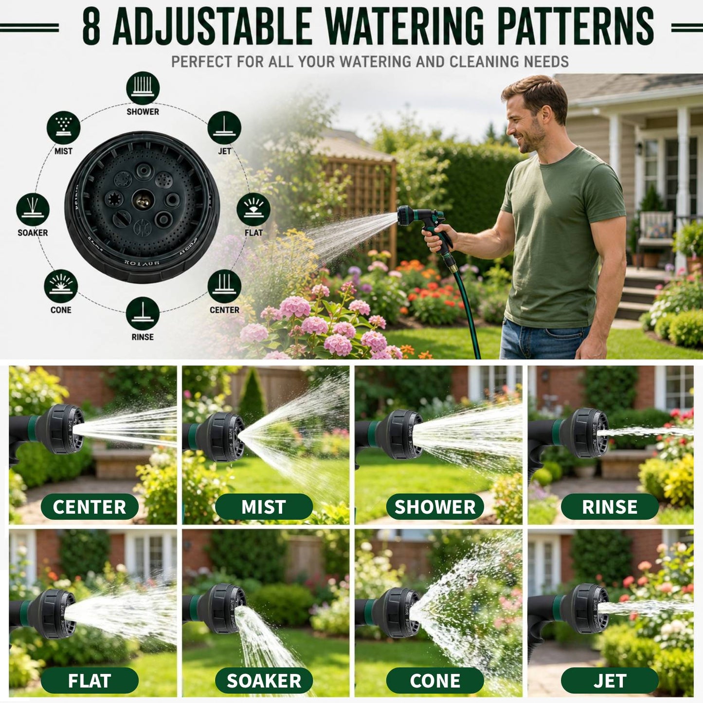2 Pack Garden Hose Nozzle, Heavy Duty Water Hose Nozzle with 8 Spray Patterns, High Pressure Hose Sprayer with Flow Control for Flowers, Lawn, Car Wash and Pet Bath
