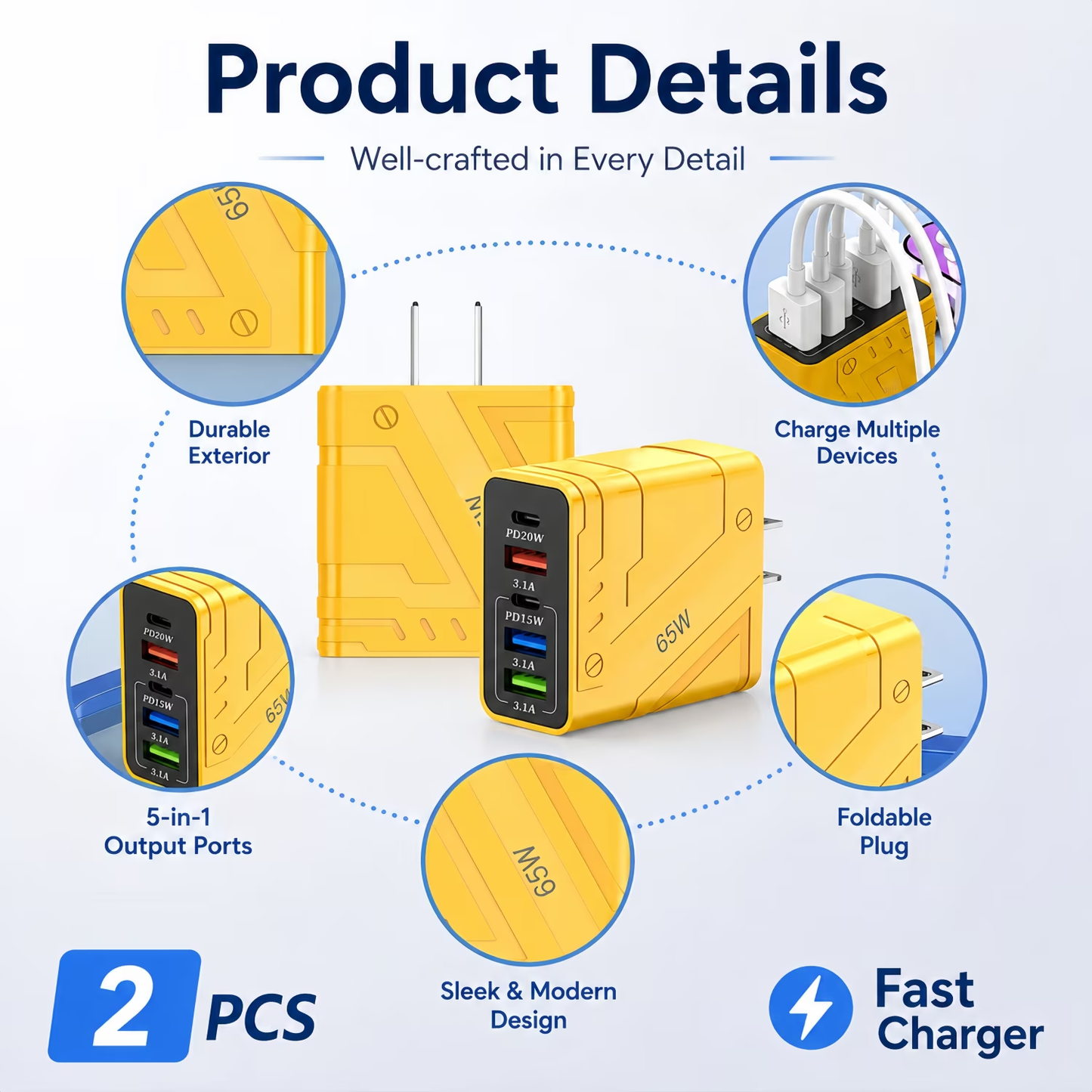 QINIUXO USB C Charger Block, 2 Pcs USB C Adapter, 5-Port Wall Charger, Fast Charging Block, Type C Brick Chargers for Various Types of Mobile Phones, Yellow