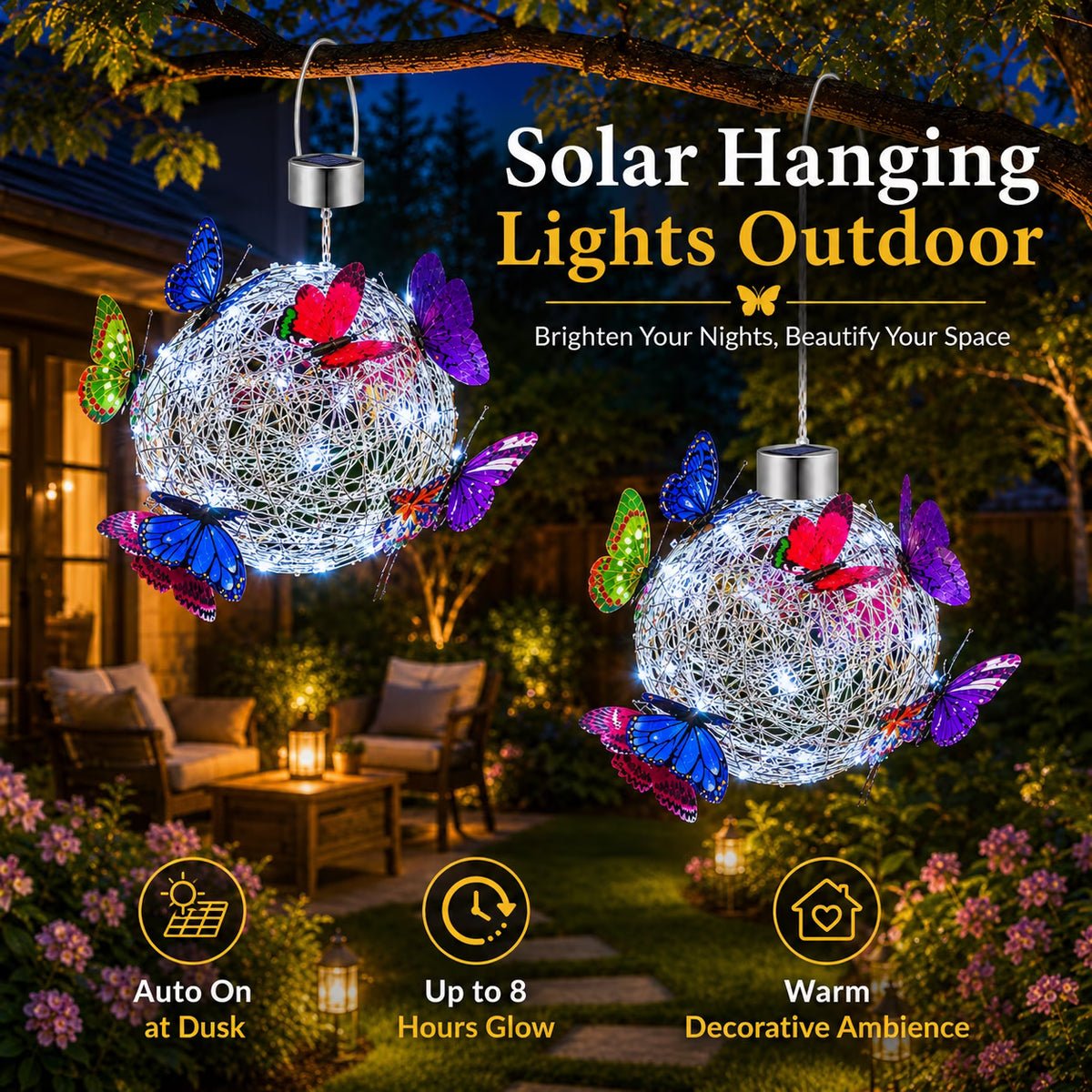 PEUHOP 2 Pack Butterfly Solar Lanterns Outdoor Waterproof, Hanging Solar Lights with White LED for Garden Decor, Yard, Patio, Pathway and Porch
