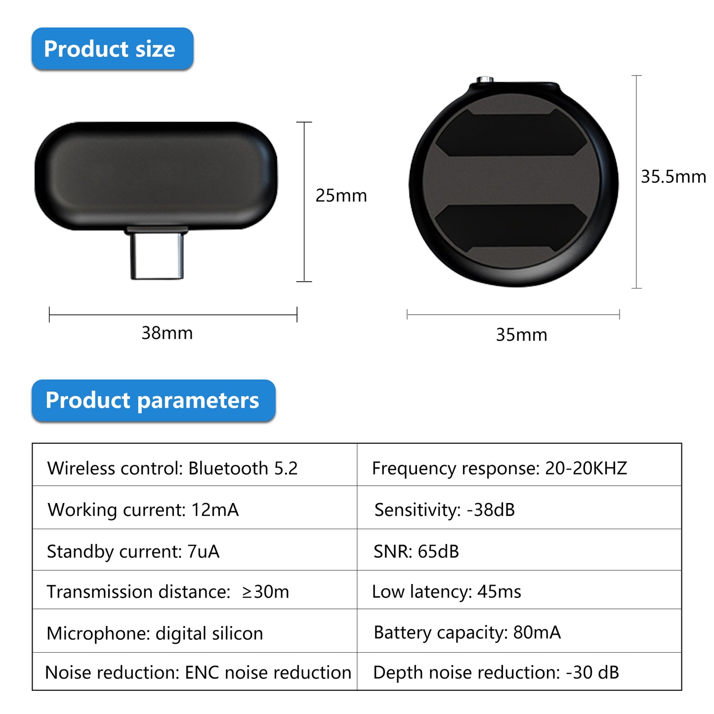 2 Pack Round Wireless Microphone for All Models of Mobile Phones,Noise Reduction Lapel Wireless Phone Mics for Recording and Video,Clip on Mic