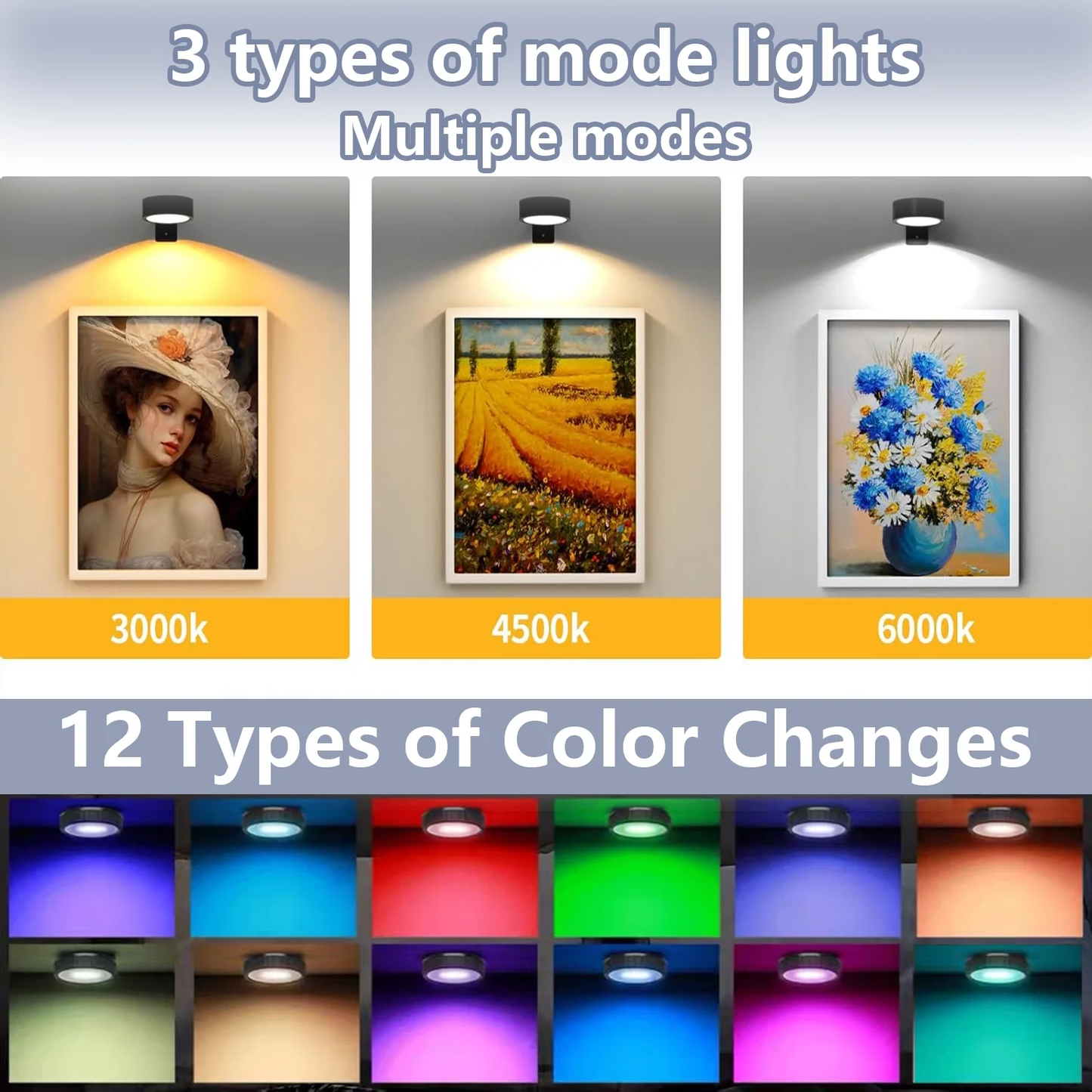 2 Pack Picture Lights for Wall, Battery Operated Picture Light with 3 Color Temps and 13 RGB, Painting Light with Remote Dimmable Timer, Wall Lights for Picture Frames, Black