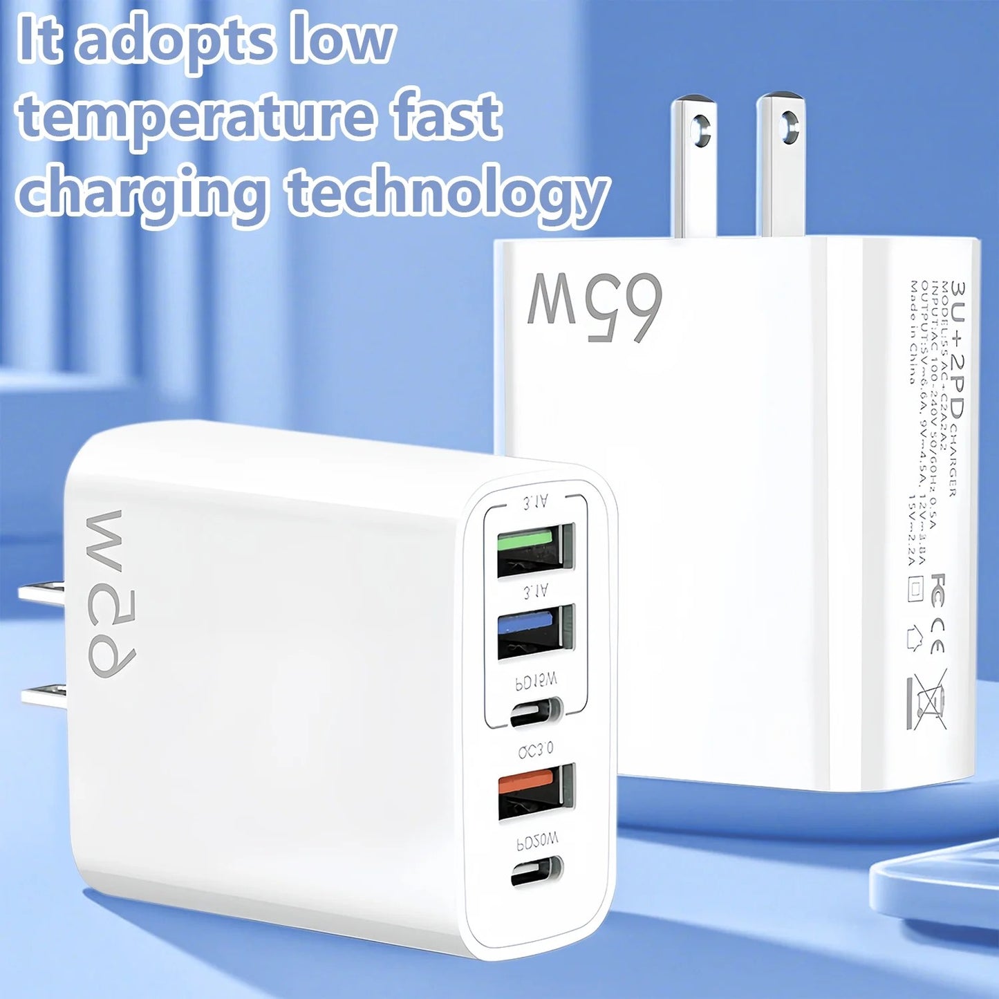 65W USB C Fast Charger,2 Pack Wall Charger Block,6 Port Power Adapter,Compatible with Various Types of Mobile Phones and Computers,White