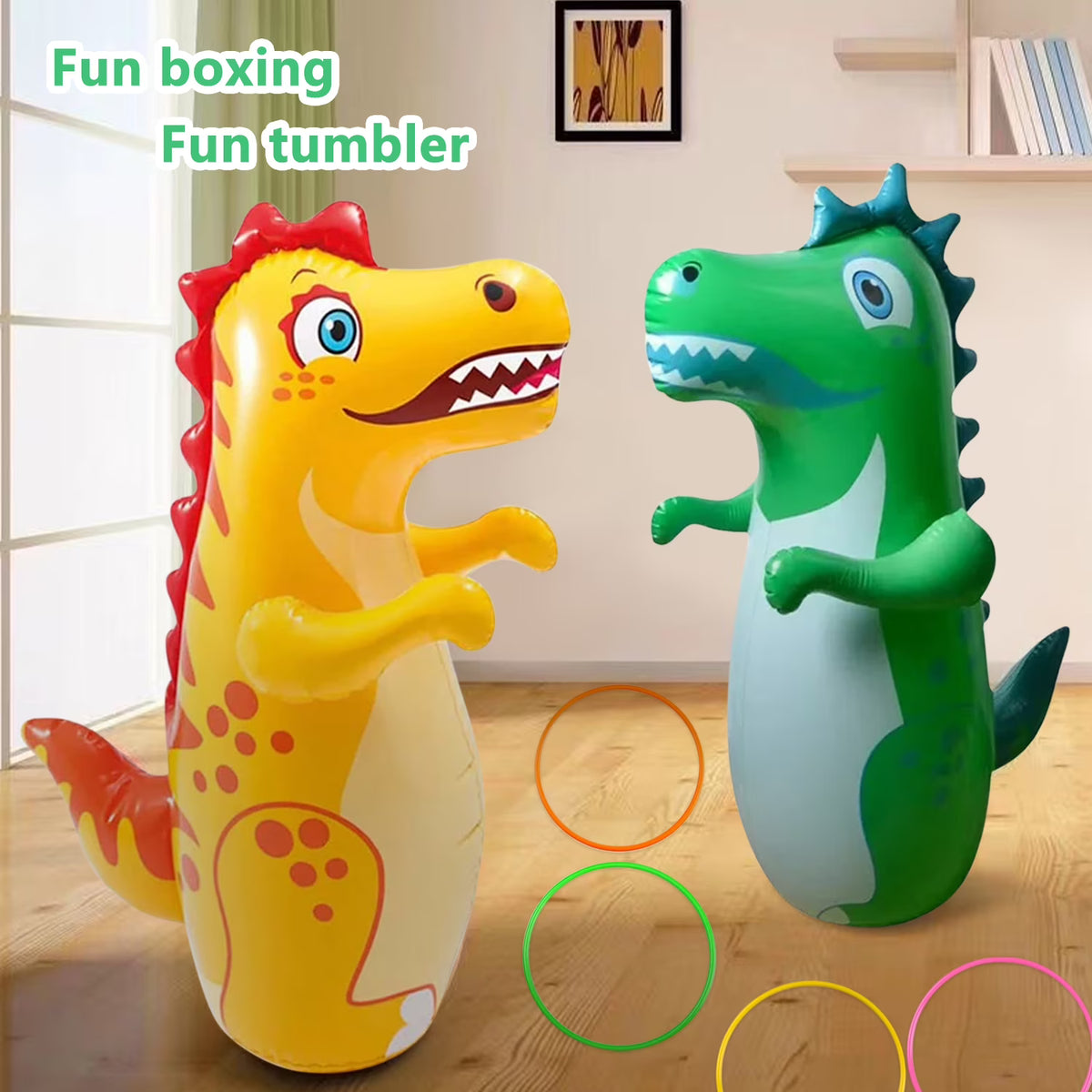 2 Pack Inflatable Punching Bag,4 Rings Ring Toss,Portable Inflatable Dinosaur Sandbag,Boxing Bag for Entertainment Boxing Training Game,38 in Tall,Green and Yellow