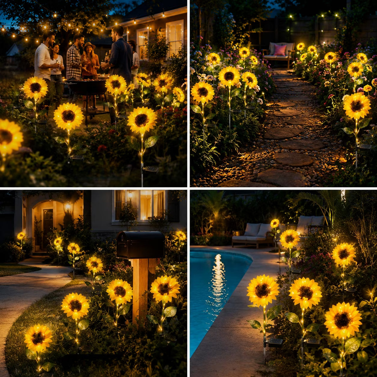 2 Pack Solar Garden Lights with 2 Extra Sunflower Heads, Solar Sunflower Lights Outdoor Waterproof with Auto On/Off, Solar Lights for Patio Lawn Outdoor Decor, Lighted Stem