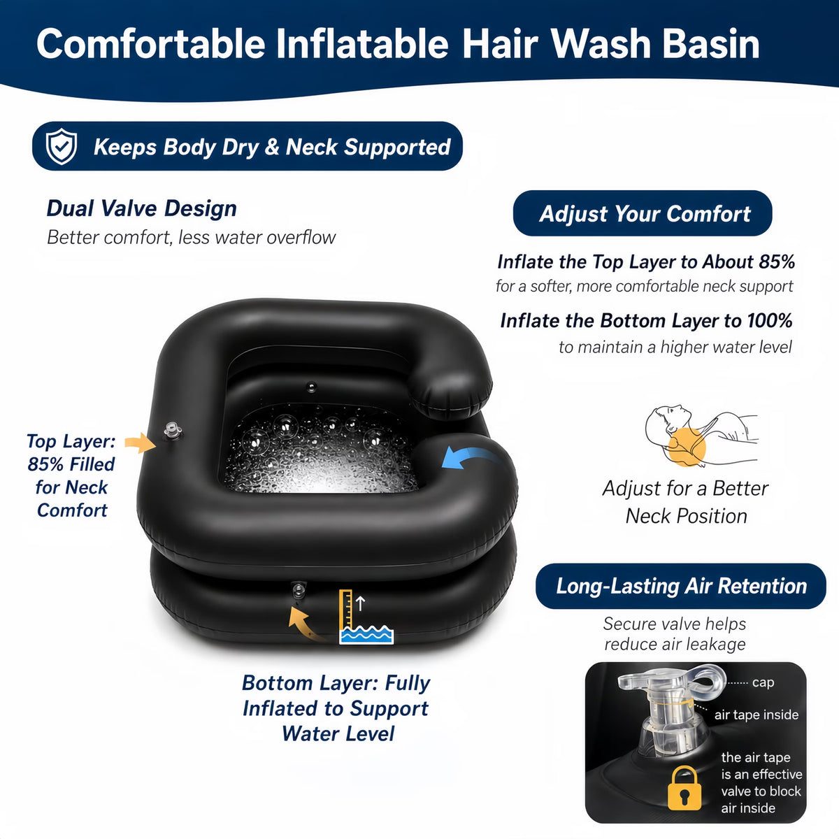 ChrumpTon Inflatable Hair Wash Basin with Drain Hose, Portable Shampoo Bowl for Bedside Hair Washing, Includes Hand Pump & Towel, for Bedside, Home Care, Sink Washing and Dreadlock Care, Black