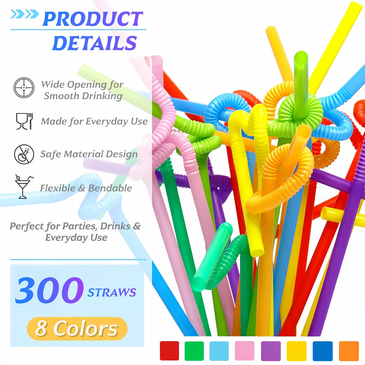 ChrumpTon 300 Pack Bendable Plastic Straws, 10.24" Extra Long Colorful Disposable Drinking Straws, Flexible Bendy Straws for Juice, Smoothies, Milk & Party Drinks