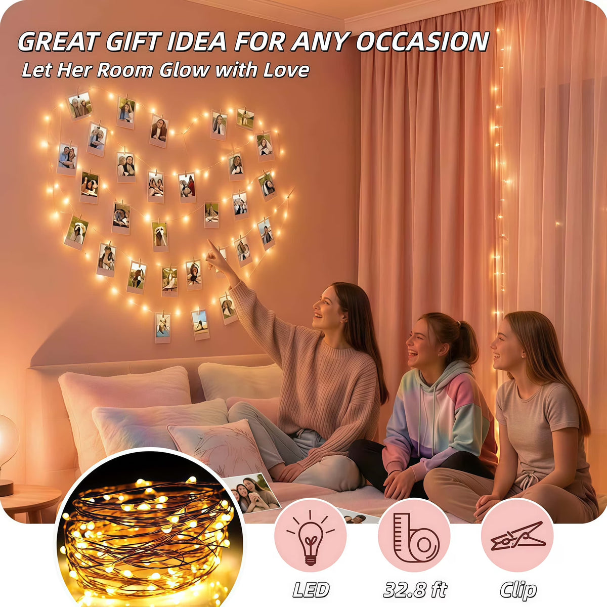 2-Pack Photo Clip String Lights, 65.6 ft 200 LED Fairy Lights, USB Warm White Twinkle Lights with 100 Clips, Picture Hanging Lights for Room Decor, Photo Wall Display Lights