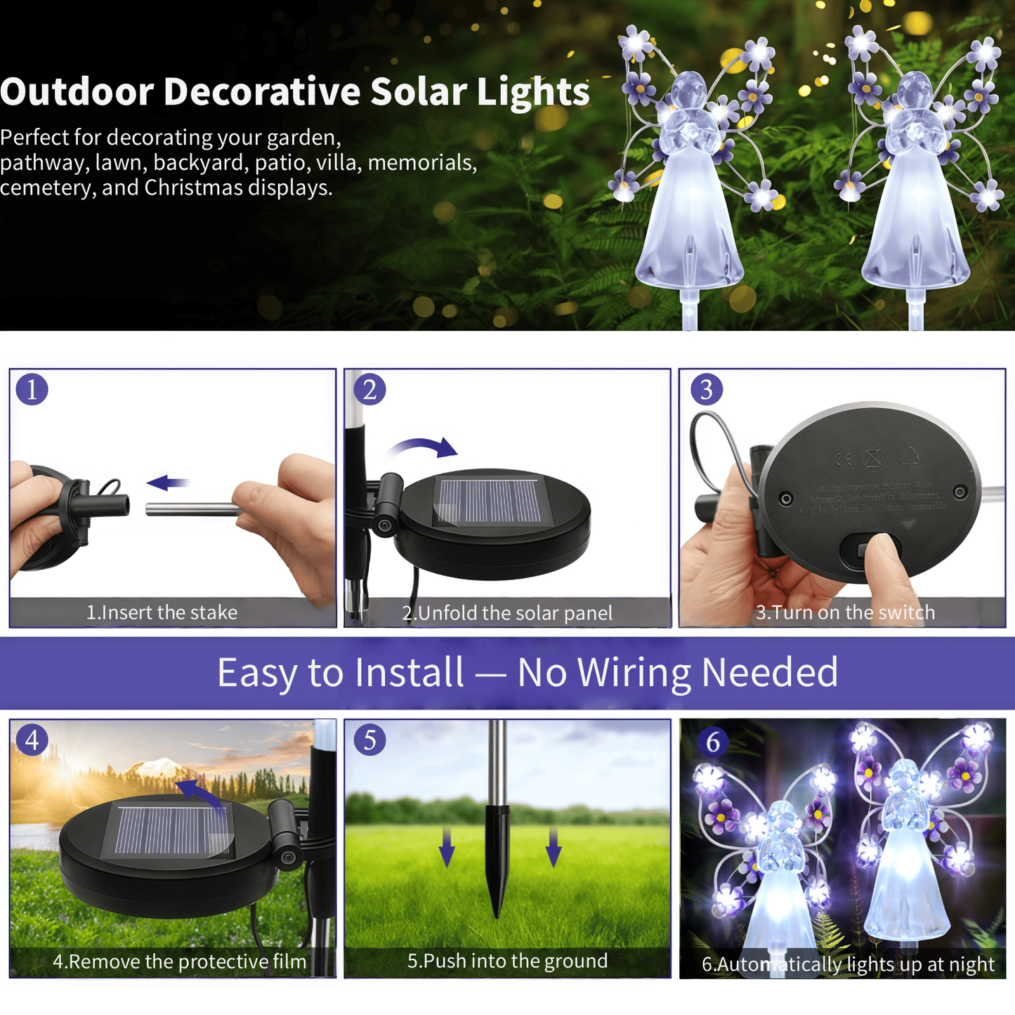 2 Pack Solar Lights Outdoor, Solar Angel Statue, Waterproof Solar Garden Lights, Pathway Lights with 14 Purple LEDs, Grave Decorations for Cemetery, Garden Statue
