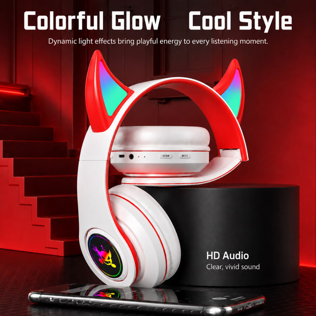 QINIUXO Kids Bluetooth Headphones, Wireless Over-Ear Headset with LED Lights, Foldable Adjustable Design, Volume Controls, 3.5mm Wired and Memory Card Modes for School, Travel, Tablets and Laptops