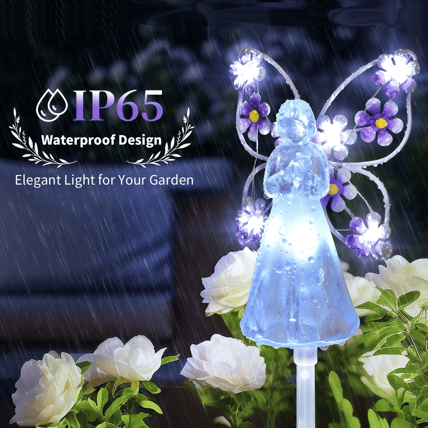 2 Pack Solar Lights Outdoor, Solar Angel Statue, Waterproof Solar Garden Lights, Pathway Lights with 14 Purple LEDs, Grave Decorations for Cemetery, Garden Statue