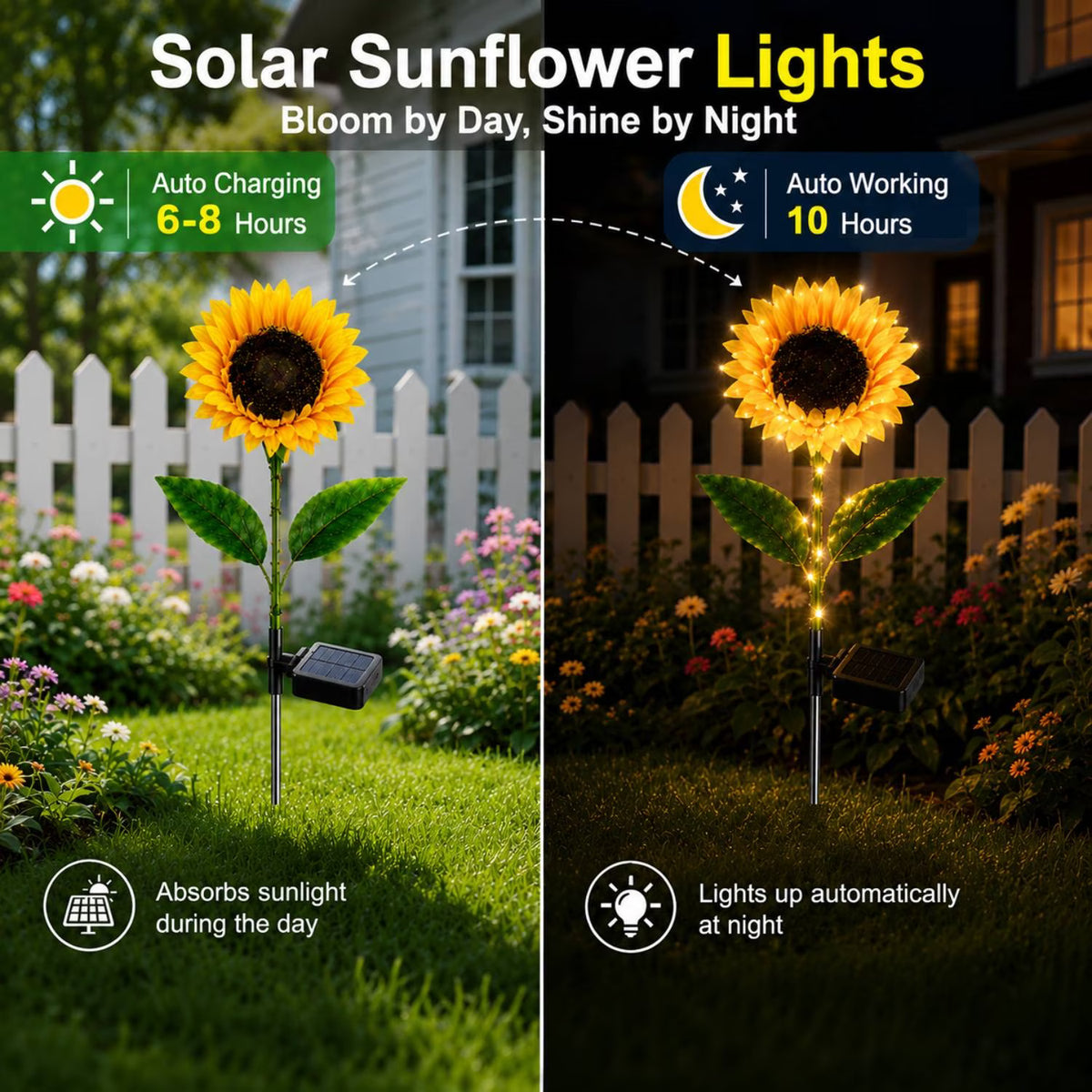 2 Pack Solar Garden Lights with 2 Extra Sunflower Heads, Solar Sunflower Lights Outdoor Waterproof with Auto On/Off, Solar Lights for Patio Lawn Outdoor Decor, Lighted Stem