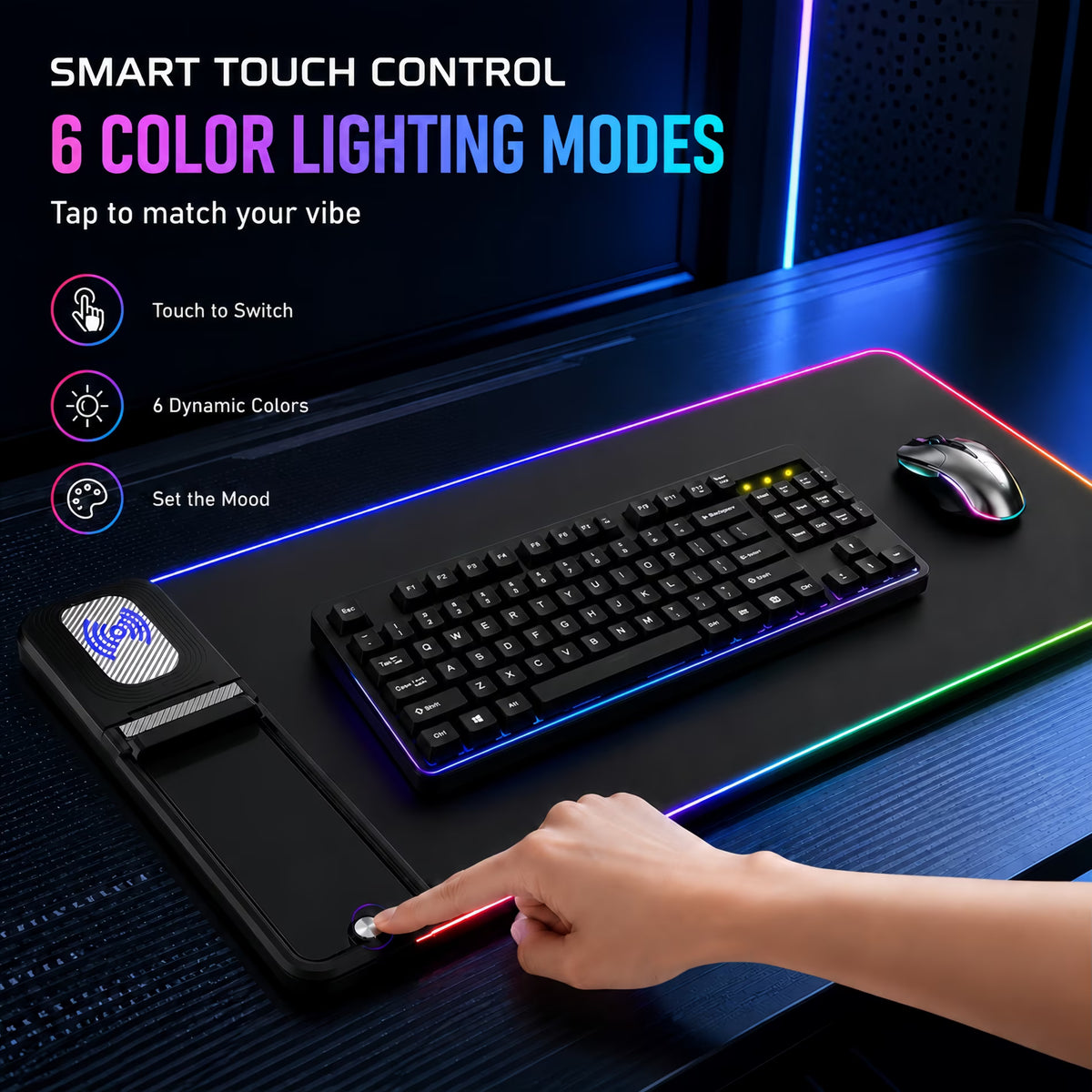 ChrumpTon RGB Gaming Mouse Pad with Wireless Charging 15W,Large Laptop LED Mouse Pad,6 Light Modes Keyboard Pad with Phone Holder & Non-Slip Rubber Base,Waterproof Mousepad