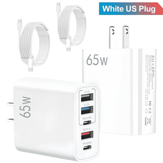 65W USB C Fast Charger,4 Pcs (2 Charger Block + 2 USB-C 3.28 Ft Cable) Wall Charger Block,5 Port Power Adapter,Compatible with Various Types of Mobile Phones and Computers,White