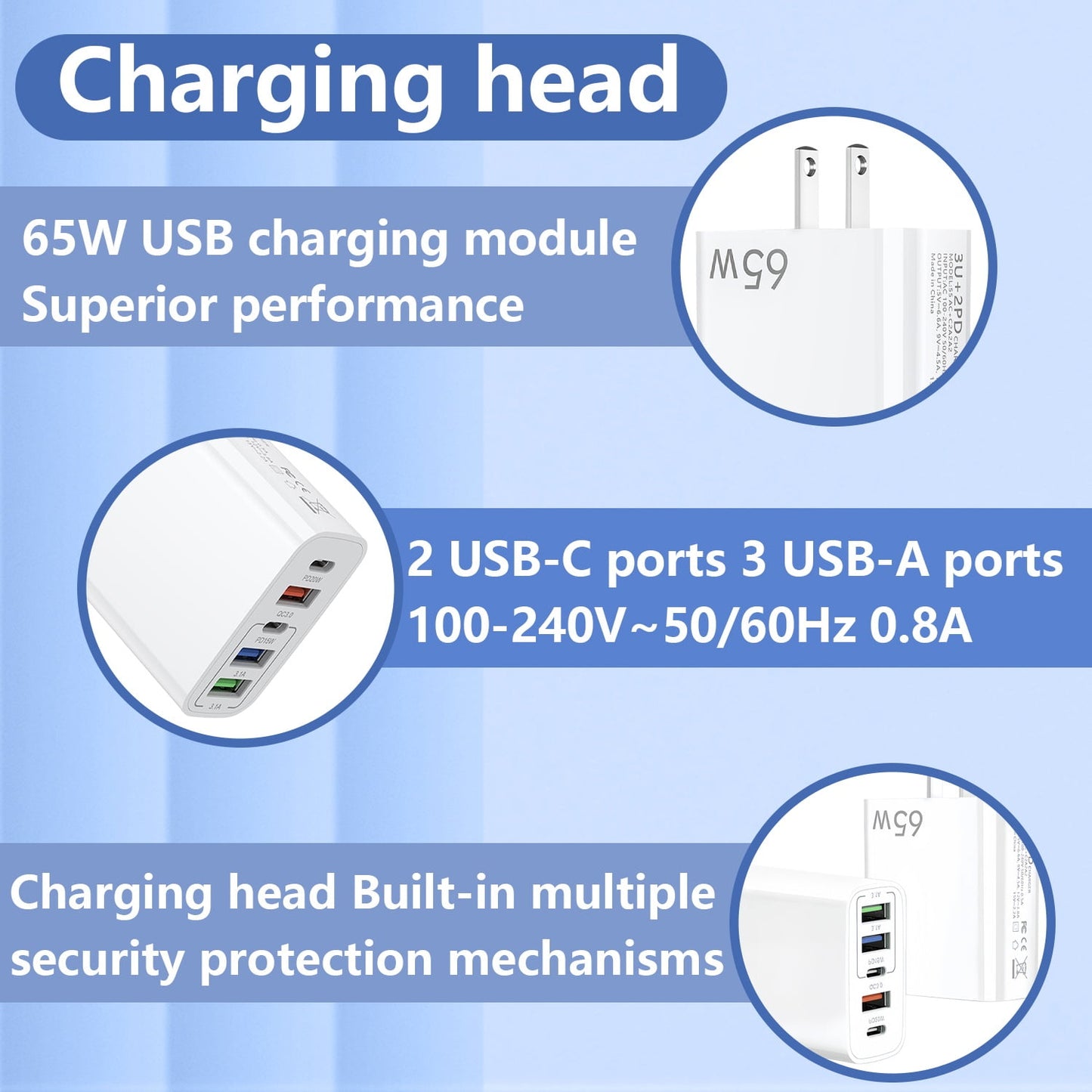 65W USB C Fast Charger,4 Pcs (2 Charger Block + 2 USB-C 3.28 Ft Cable) Wall Charger Block,5 Port Power Adapter,Compatible with Various Types of Mobile Phones and Computers,White