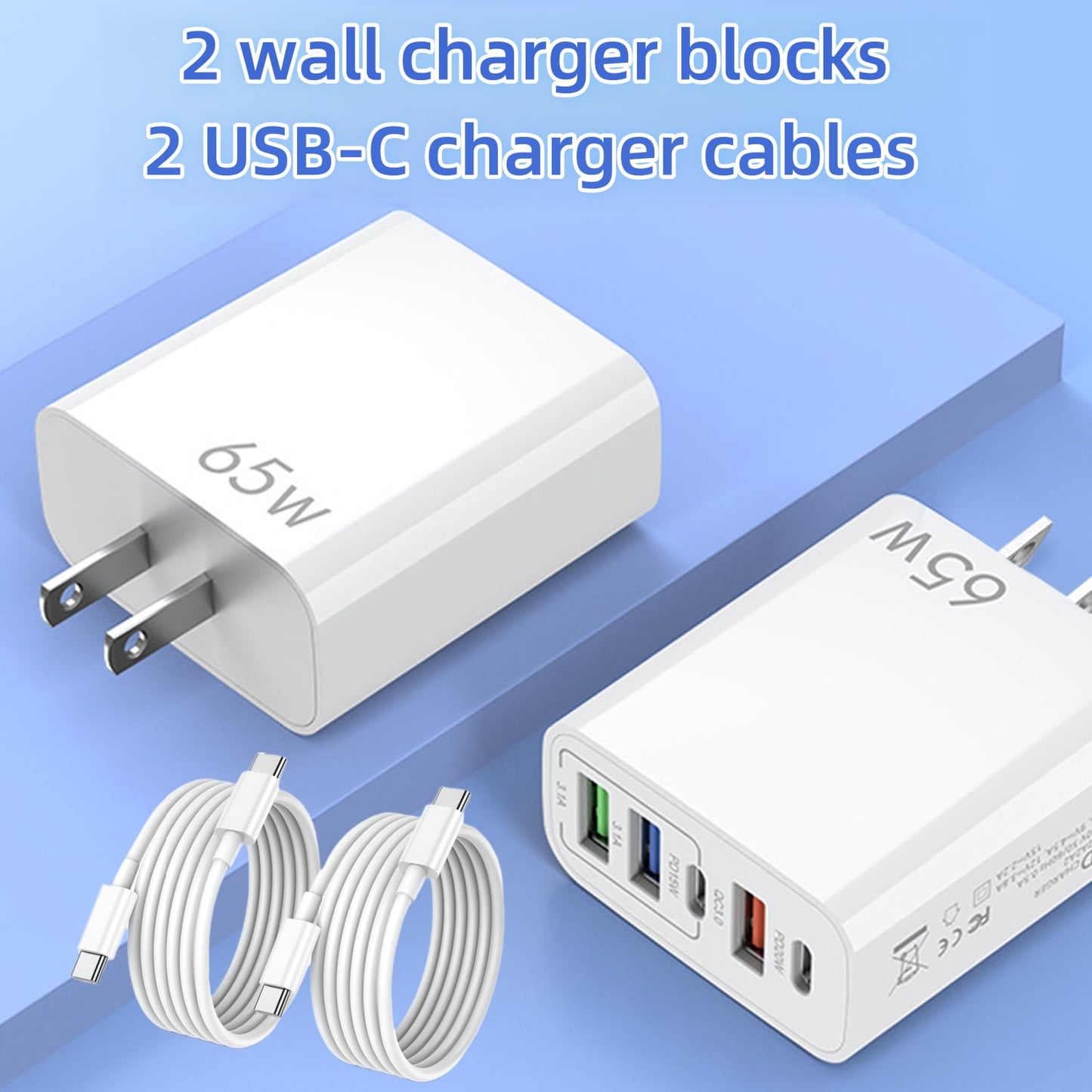 65W USB C Fast Charger,4 Pcs (2 Charger Block + 2 USB-C 3.28 Ft Cable) Wall Charger Block,5 Port Power Adapter,Compatible with Various Types of Mobile Phones and Computers,White