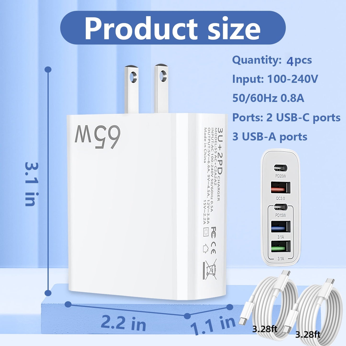 65W USB C Fast Charger,4 Pcs (2 Charger Block + 2 USB-C 3.28 Ft Cable) Wall Charger Block,5 Port Power Adapter,Compatible with Various Types of Mobile Phones and Computers,White
