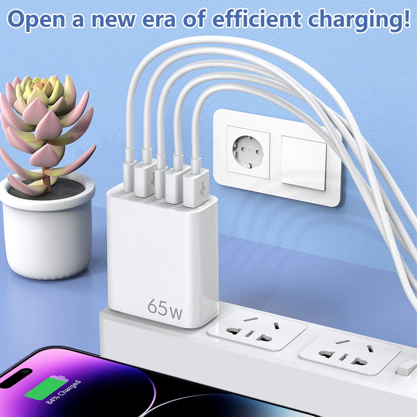 65W USB C Fast Charger,4 Pcs (2 Charger Block + 2 USB-C 3.28 Ft Cable) Wall Charger Block,5 Port Power Adapter,Compatible with Various Types of Mobile Phones and Computers,White