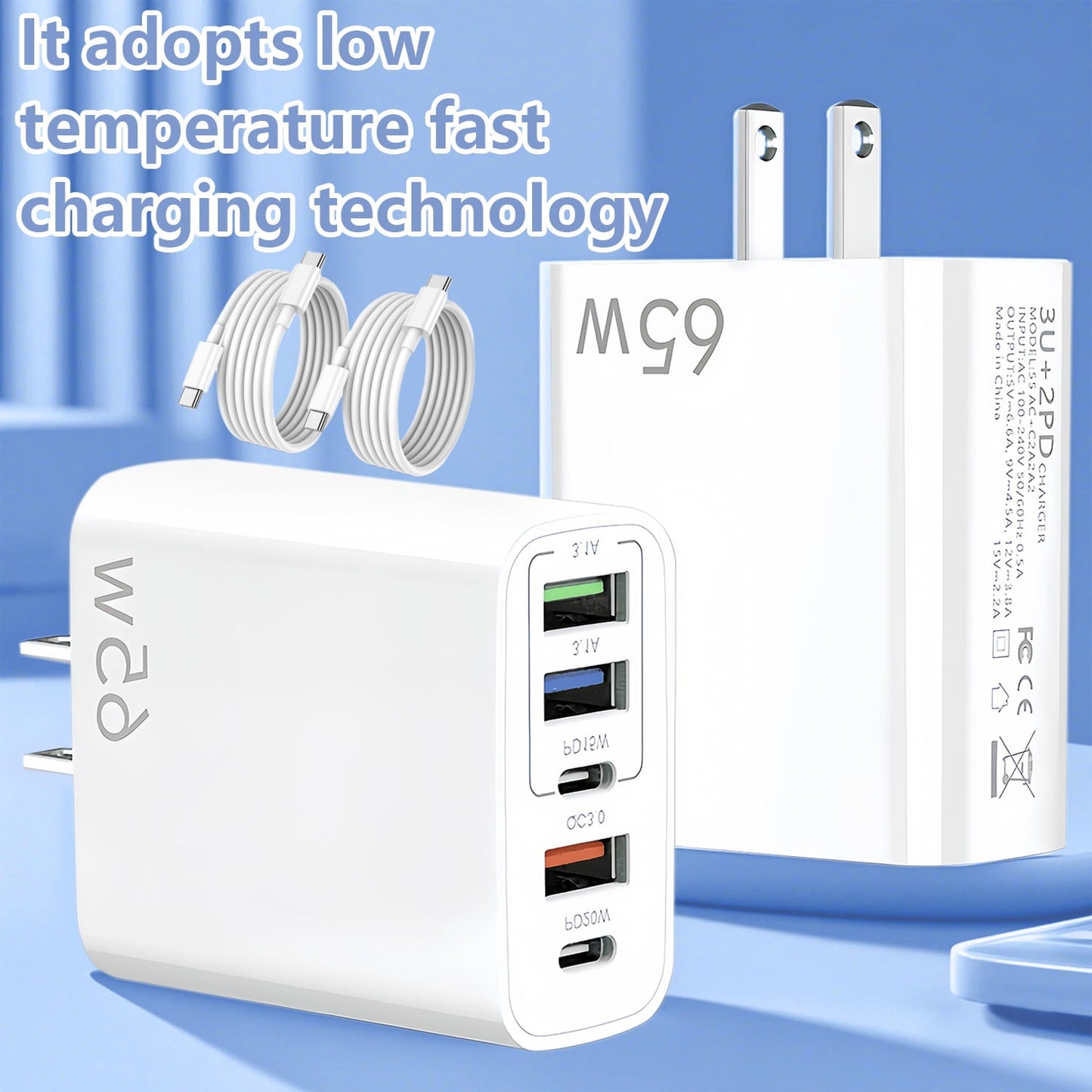 65W USB C Fast Charger,4 Pcs (2 Charger Block + 2 USB-C 3.28 Ft Cable) Wall Charger Block,5 Port Power Adapter,Compatible with Various Types of Mobile Phones and Computers,White