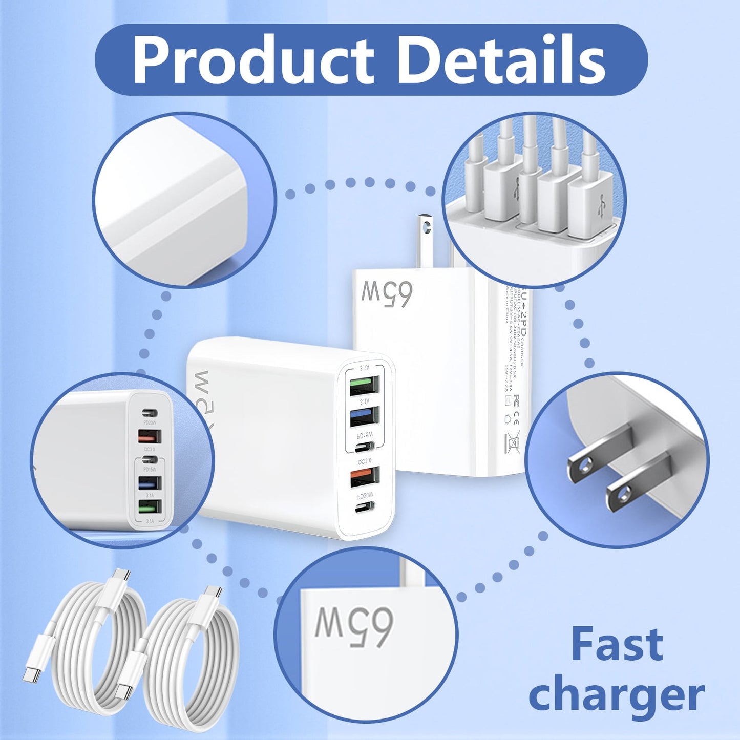 65W USB C Fast Charger,4 Pcs (2 Charger Block + 2 USB-C 3.28 Ft Cable) Wall Charger Block,5 Port Power Adapter,Compatible with Various Types of Mobile Phones and Computers,White