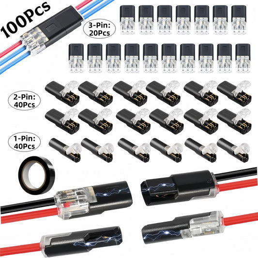 100PCS Quick Connect Wire Connectors, Double Wire Plug in Connector with Locking Buckle, 1/2/3 Pin for 22-18 AWG Low Voltage Wiring, LED Strip Lights & Electrical Cables, Tool-Free