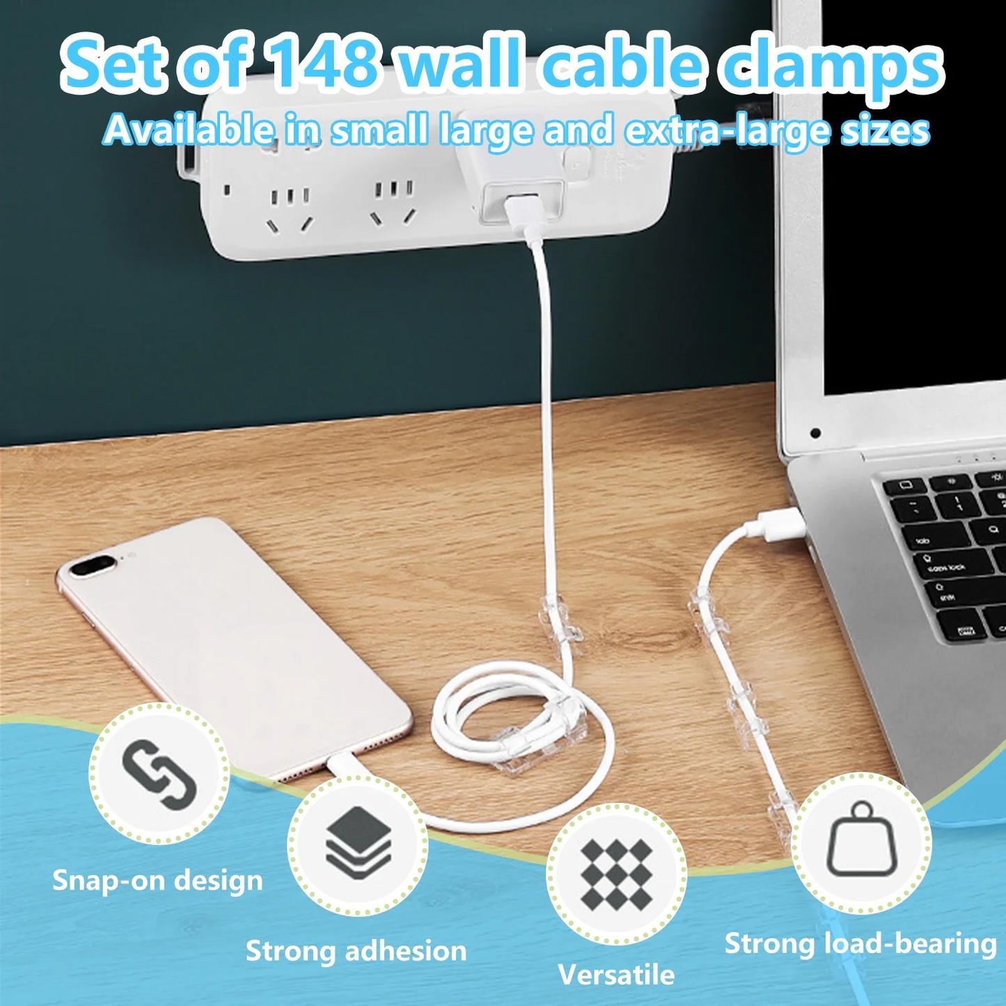 148 Pcs Adhesive Cable Clips & String Lights Clips,Wall Wire Clips 40 Small,60 Large,48 Extra Large,Strong Clear Cord Organizer Cable Management Under Desk,Car,PC,Christmas Light Indoor Outdoor