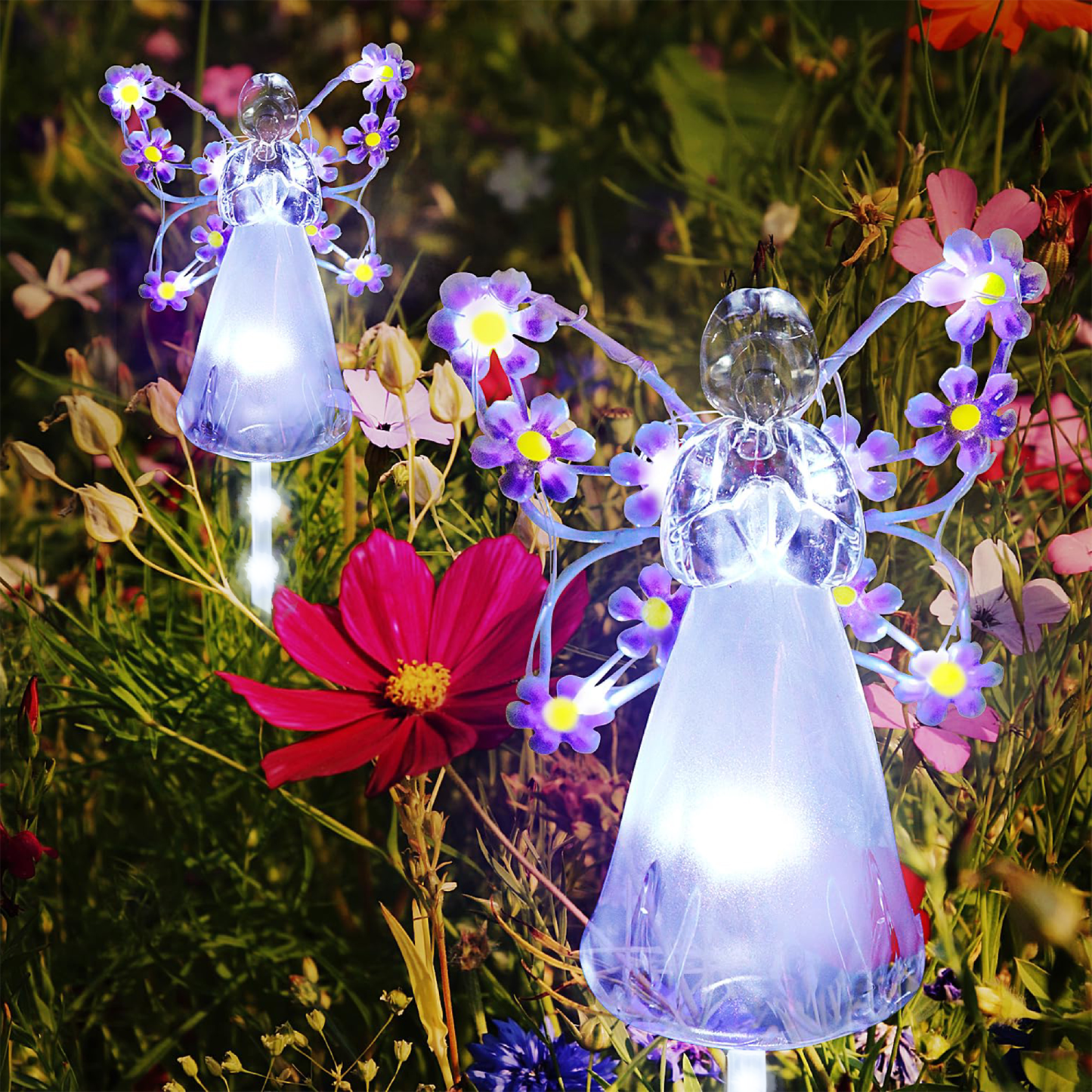 2 Pack Solar Lights Outdoor, Solar Angel Statue, Waterproof Solar Garden Lights, Pathway Lights with 14 Purple LEDs, Grave Decorations for Cemetery, Garden Statue