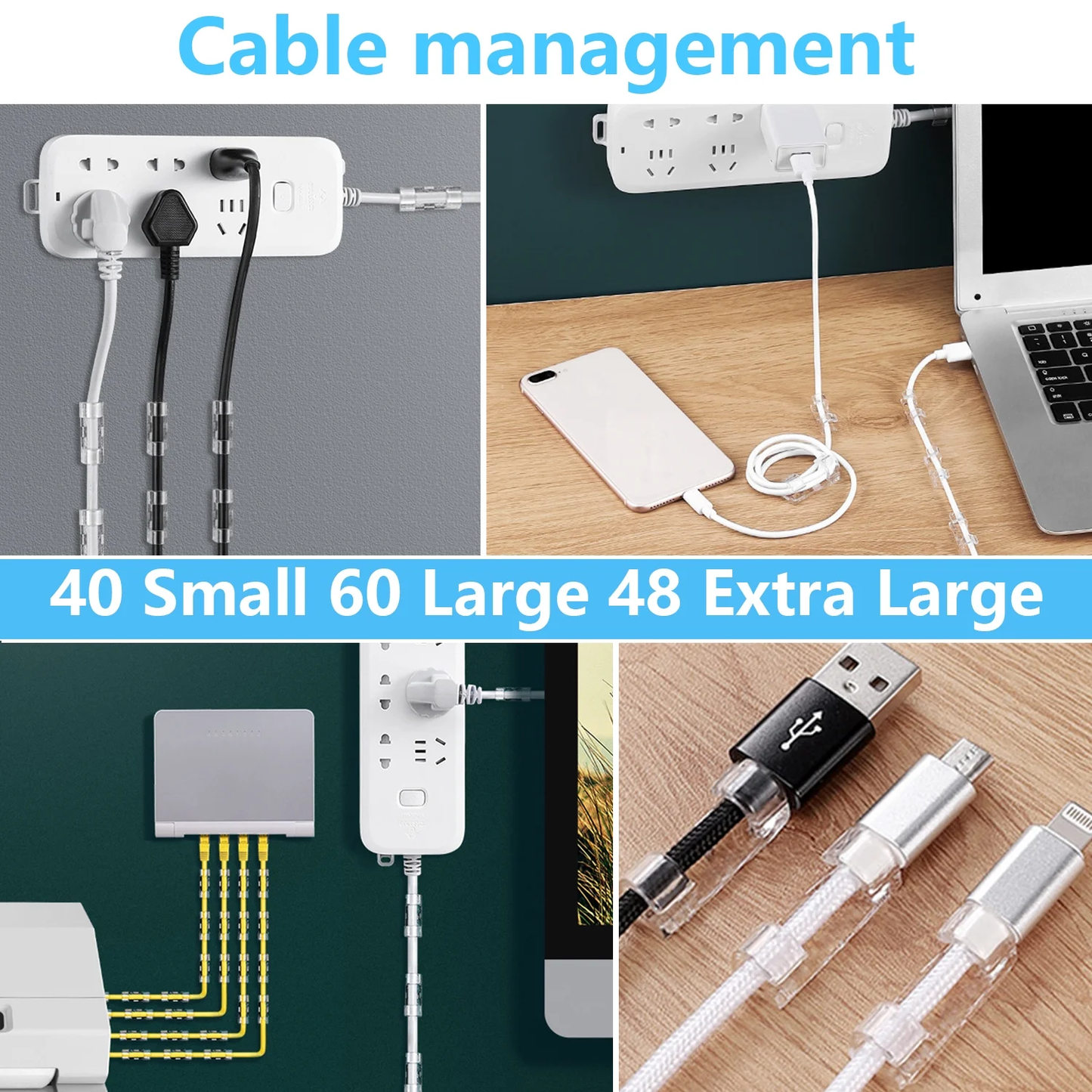 148 Pcs Adhesive Cable Clips & String Lights Clips,Wall Wire Clips 40 Small,60 Large,48 Extra Large,Strong Clear Cord Organizer Cable Management Under Desk,Car,PC,Christmas Light Indoor Outdoor