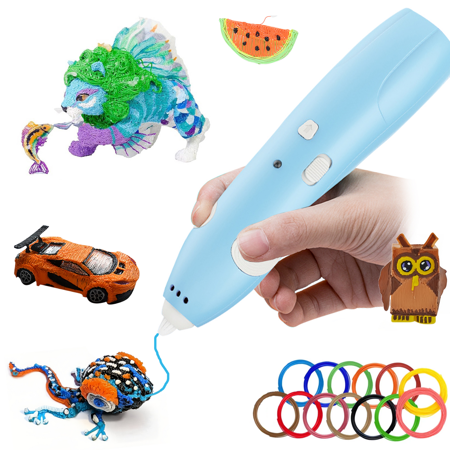 3D Printing Pen,Kids Blue Wireless 3d Pen With 13 3D Pen Filaments,Two-speed Adjustable,Stencil Book,Project Guide,And USB Charger,Christmas or Birthday Gifts for Kids Aged 6+