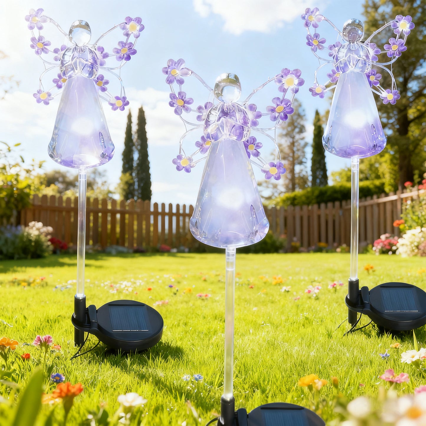 2 Pack Solar Lights Outdoor, Solar Angel Statue, Waterproof Solar Garden Lights, Pathway Lights with 14 Purple LEDs, Grave Decorations for Cemetery, Garden Statue