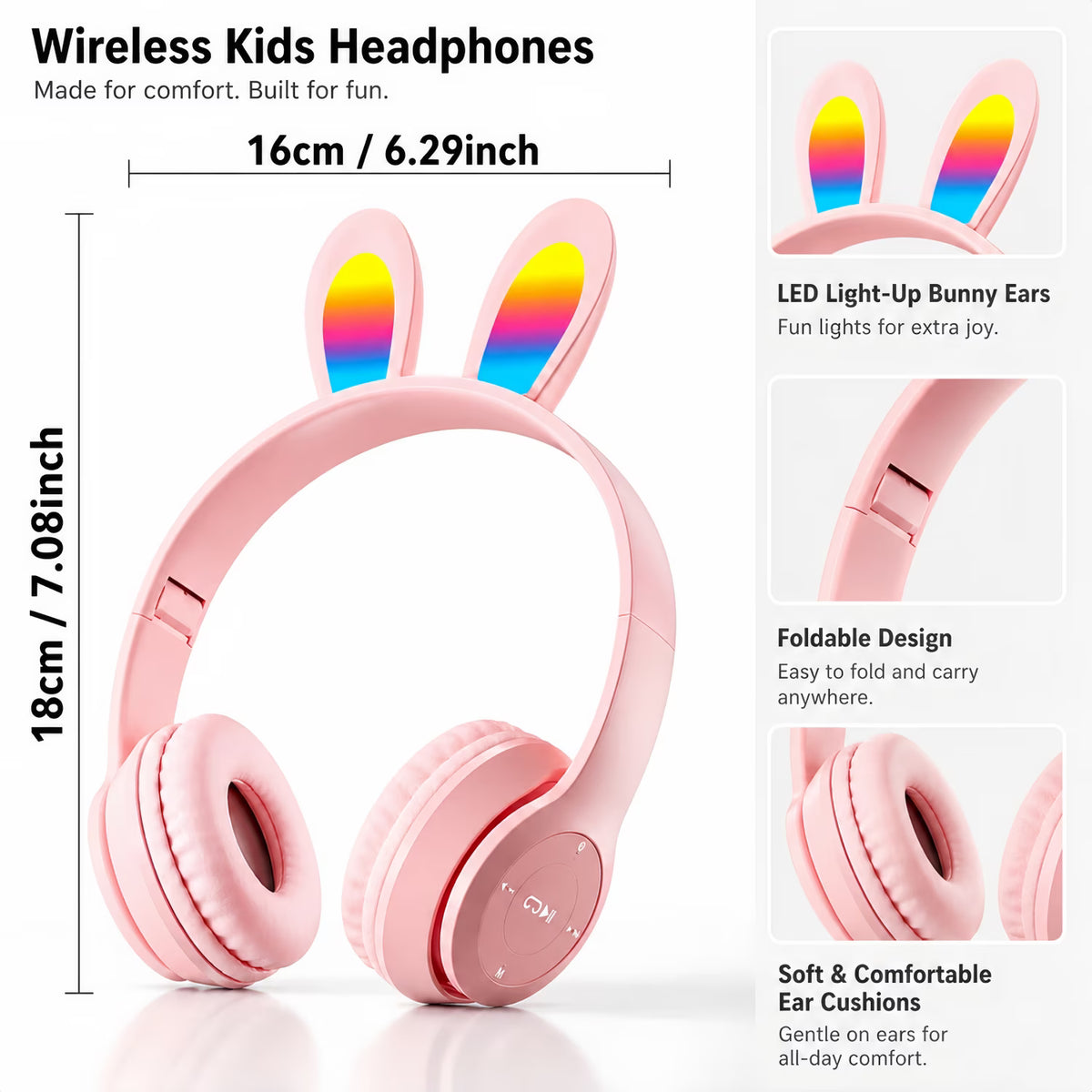 QINIUXO 2 Pack Kids Bluetooth Headphones with Bunny Ears, Volume Limited Wireless Headphones with Microphone for Girls & Boys, Foldable Over-Ear Headset for School, Tablet, Phone & PC (Pink/Black)