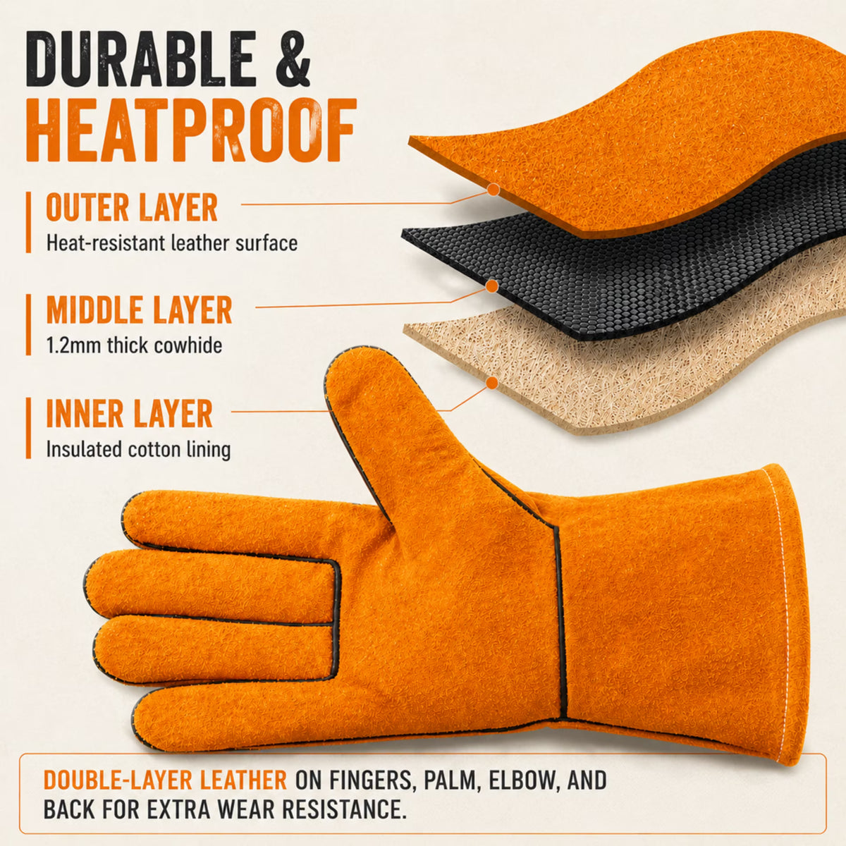 ChrumpTon Welding Gloves Heat Resistant, Leather Fireplace Gloves for Wood Stove & Welding, Long Sleeve Heat Resistant Gloves with Soft Lining, Orange