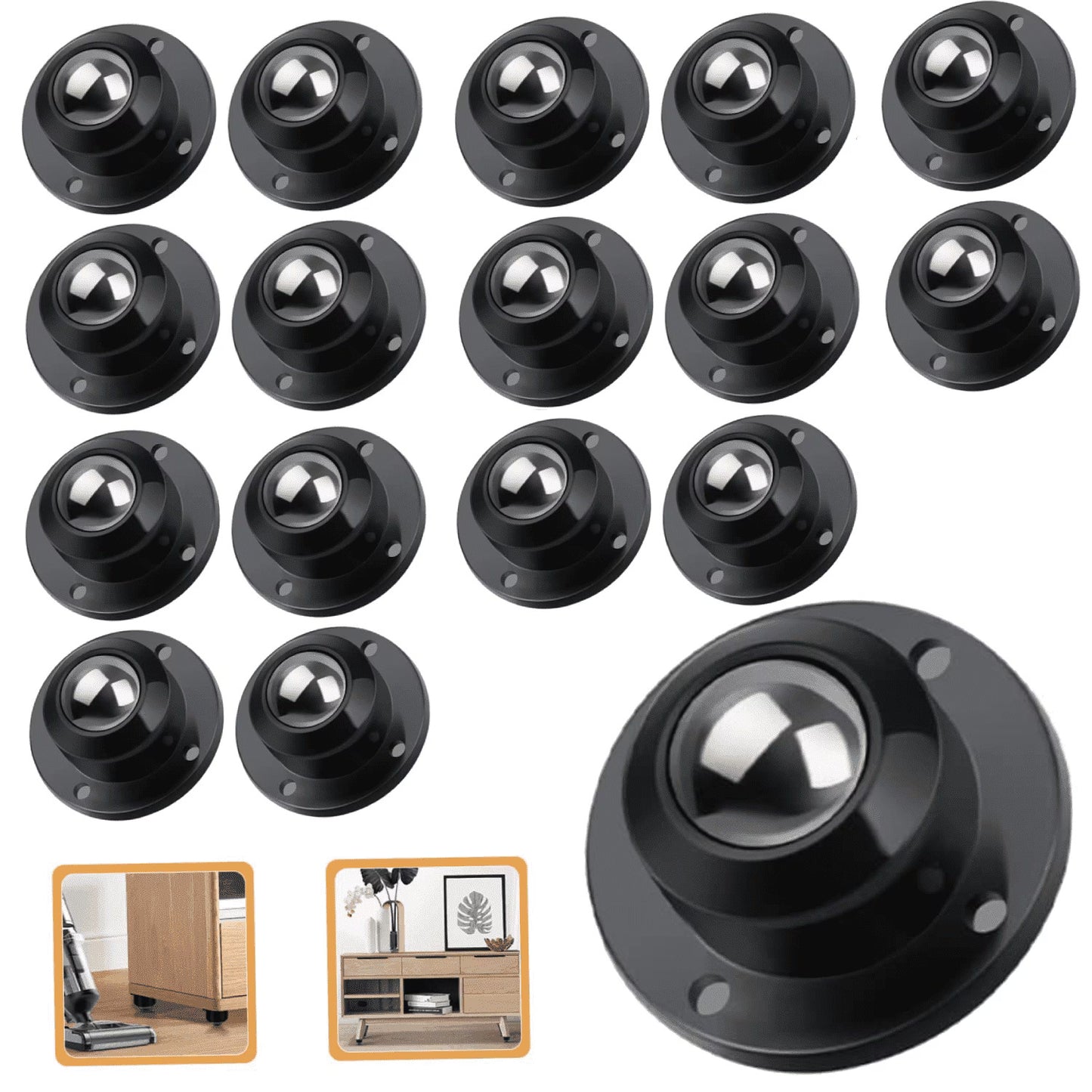 16 Pcs Self Adhesive Caster Wheels, 360° Swivel Mini Rolling Wheels for Small Appliances, Furniture, Storage Bins & Trash Cans, Black