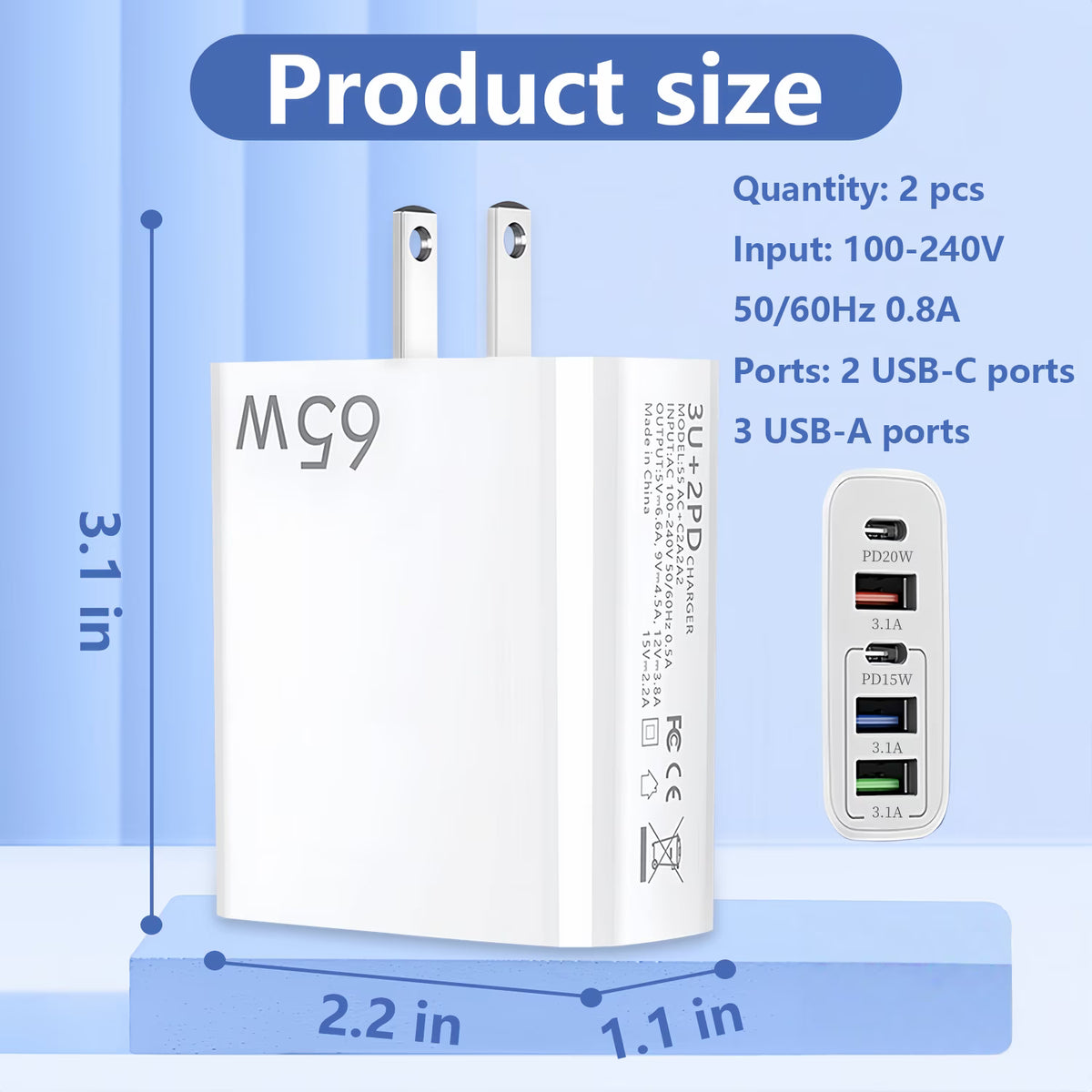 QINIUXO USB C Charger Block, Fast Wall Charger, 5-Port Phone Charger with Type C Fast Charging, Compatible with Phones, Tablets & More, Home, Office & Travel Use, White (2-Pack)