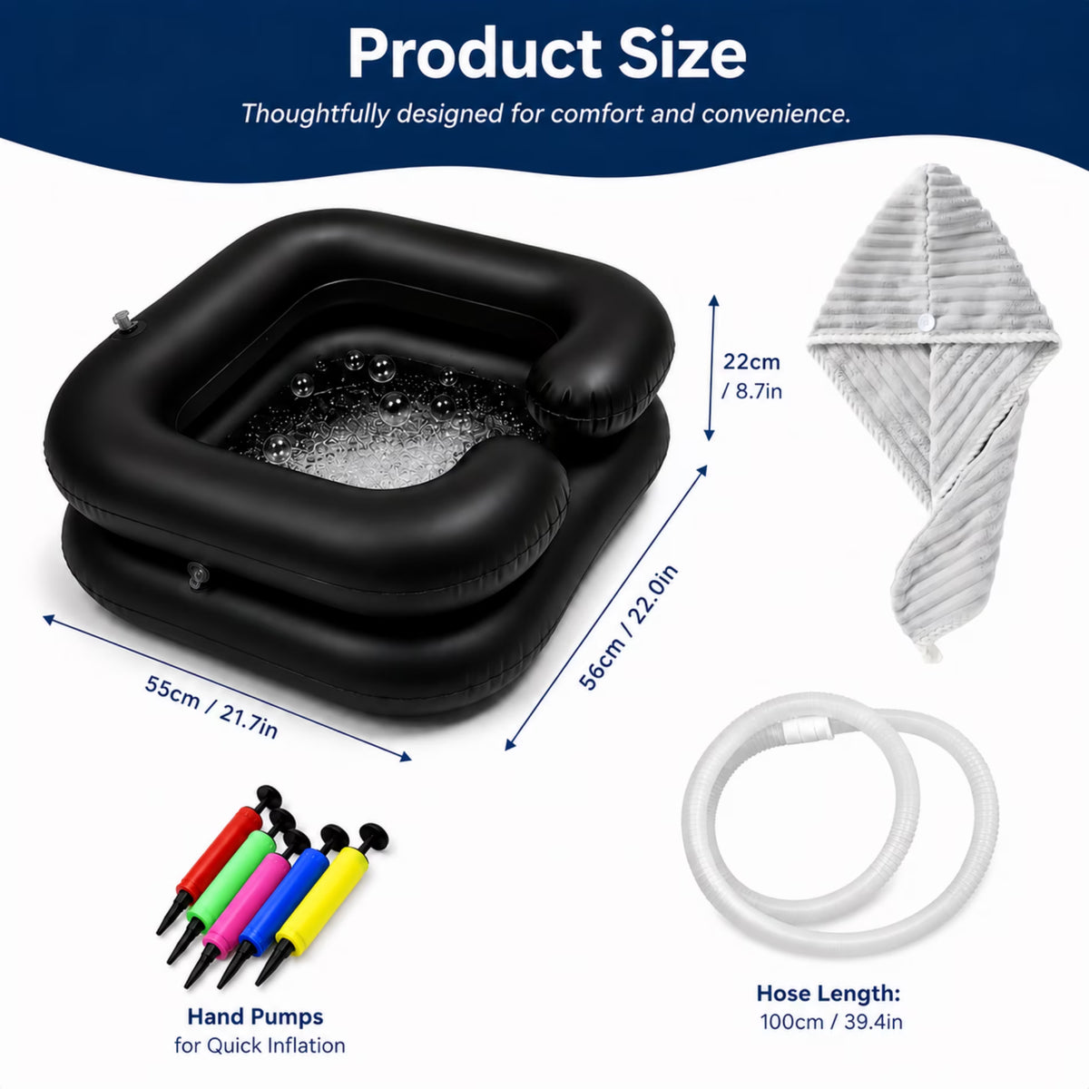 ChrumpTon Inflatable Hair Wash Basin with Drain Hose, Portable Shampoo Bowl for Bedside Hair Washing, Includes Hand Pump & Towel, for Bedside, Home Care, Sink Washing and Dreadlock Care, Black