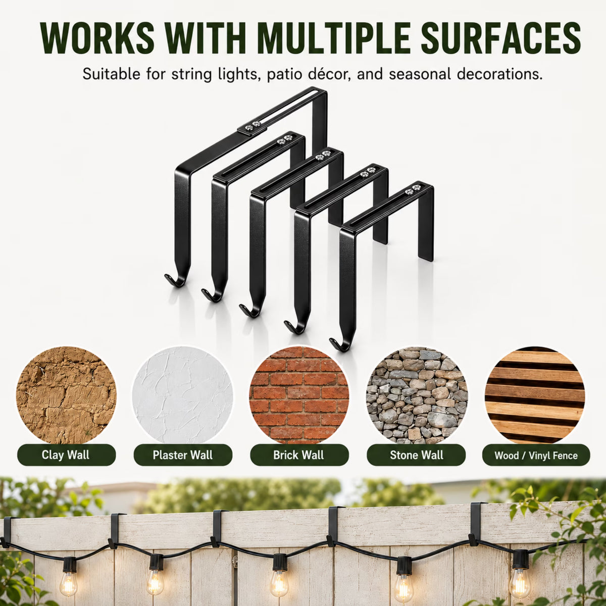 ChrumpTon 16 Pack Adjustable Outdoor Light Hooks, Metal Over-the-Wall Hangers for String Lights, Fits 3.2–6 Inch Wide Wall and Fence Tops, for Brick, Concrete Block, Railings and Patio Décor