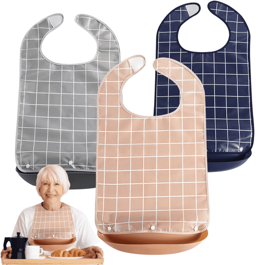Adult Bibs for Men Women Pack of 3,Reusable Bibs for Elderly Eating with Crumb Catcher,Adjustable and Washable