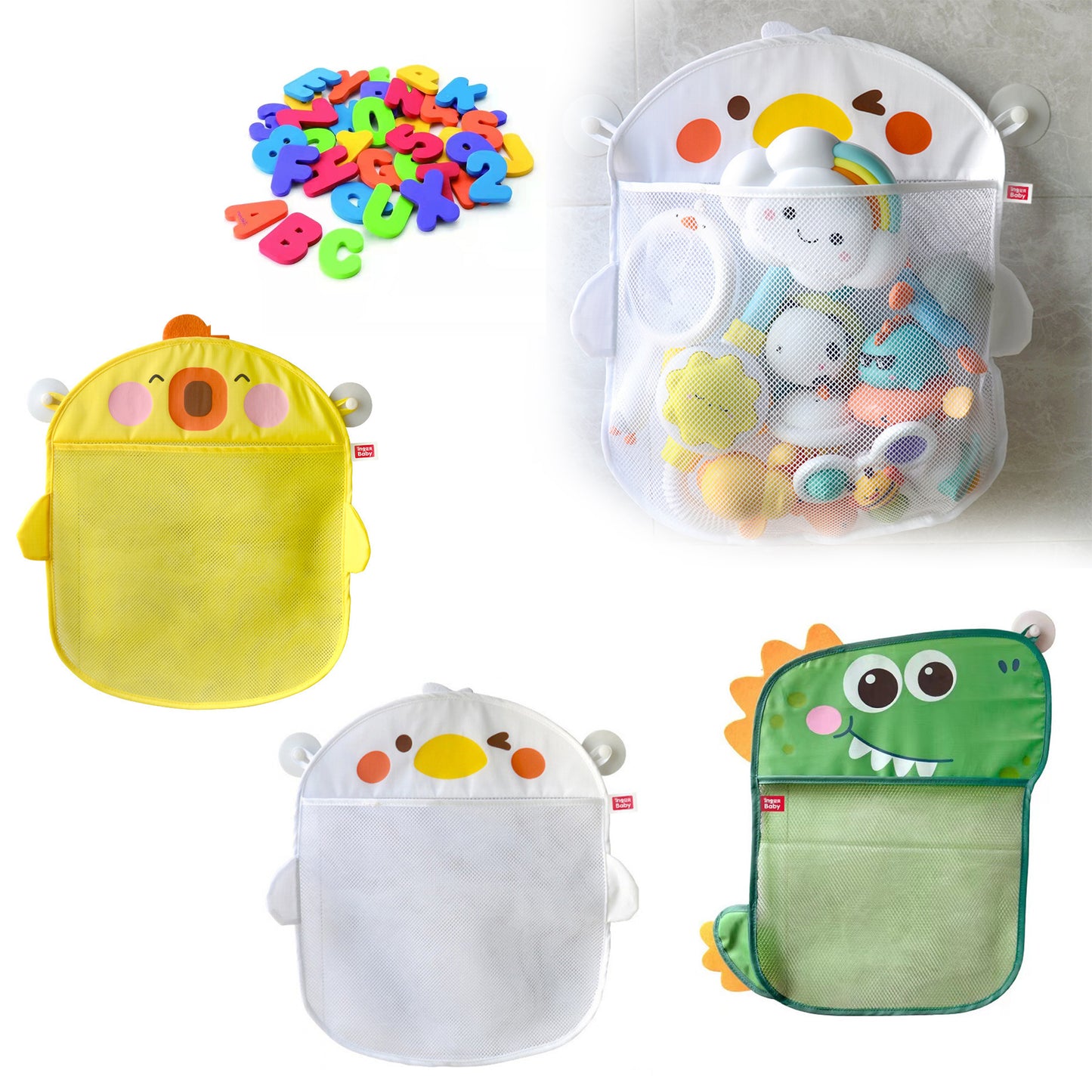 Bath Toy Storage x 3 + 6 Ultra Strong Suction Cups,Baby Bath Toy Organizer for Bath,Animal-shaped Mesh Bag and 36 Alphanumeric Toys,For Kids & Toddlers