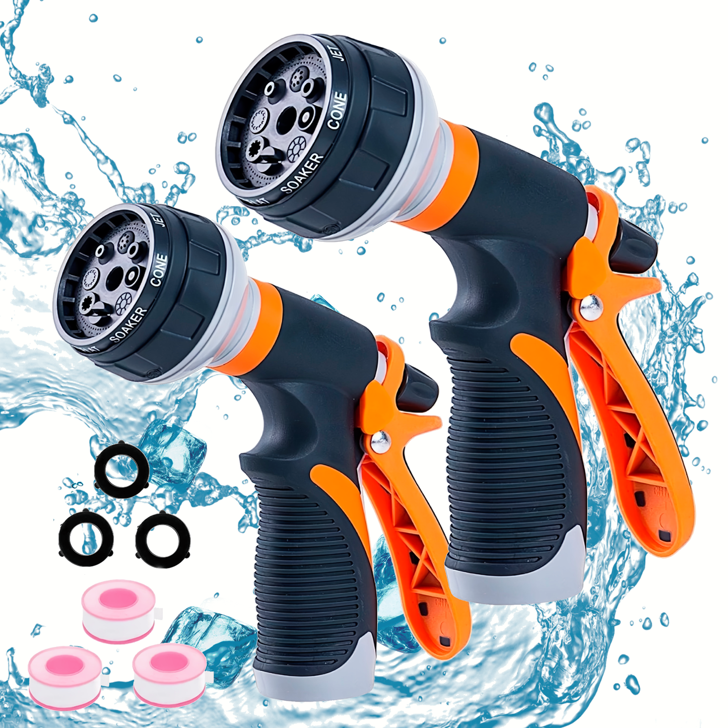 2 Pack Garden Hose Nozzle, Heavy Duty Water Hose Nozzle with 8 Spray Patterns, High Pressure Hose Sprayer with Flow Control for Flowers, Lawn, Car Wash and Pet Bath