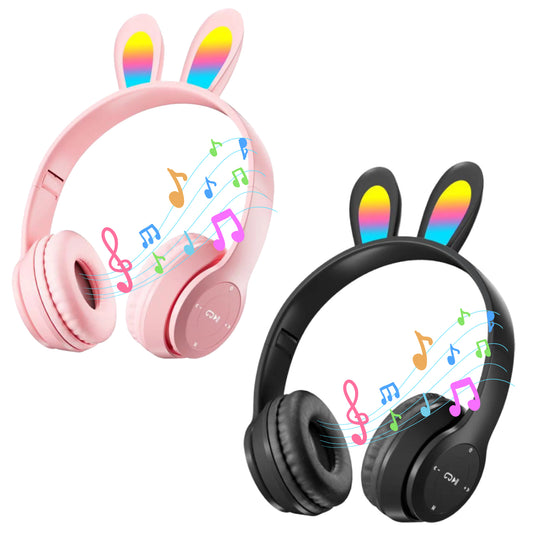 Rabbit Ear School Headphones for Kids,LED Light Up Wireless Foldable Headphones 2 Pack,Over The Head Headset for Mobile Phones,Tablets,Computers,for Kids to Listen to Music or Study