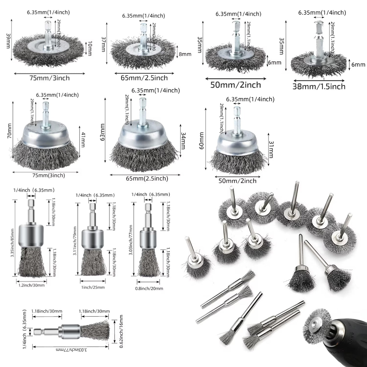ChrumpTon 26 Pcs Wire Brush for Drill,Wire Wheel for Drill 1/4 inch Hex Shank & 0.11 inch Round Shank,Wire Cup Brush Drill Attachment for Rust Removal,Corrosion and Scrub Surfaces