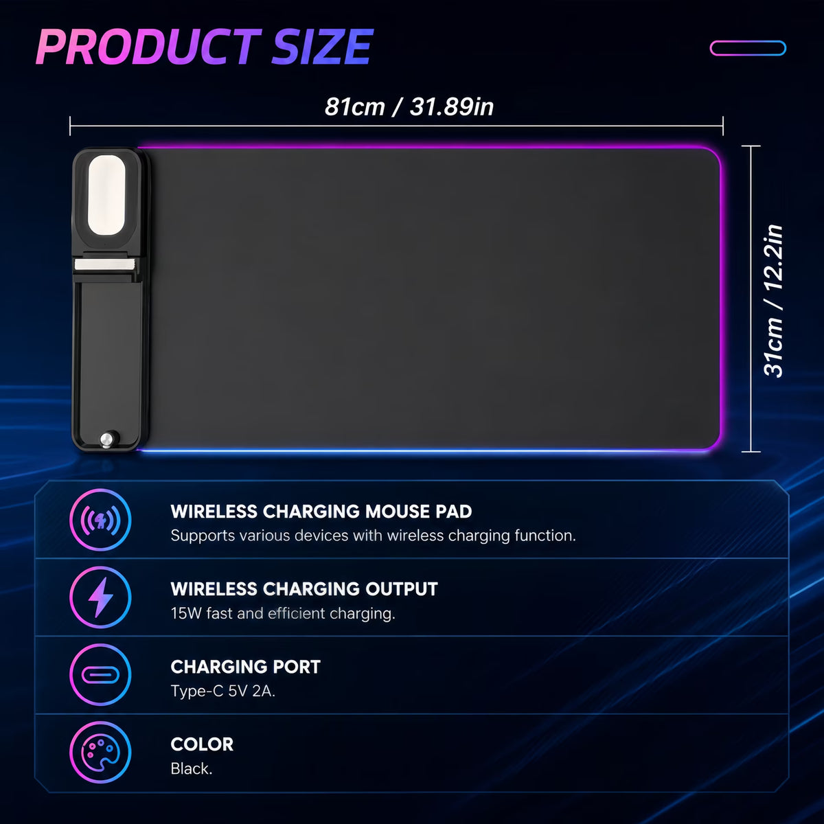 ChrumpTon RGB Gaming Mouse Pad with Wireless Charging 15W,Large Laptop LED Mouse Pad,6 Light Modes Keyboard Pad with Phone Holder & Non-Slip Rubber Base,Waterproof Mousepad