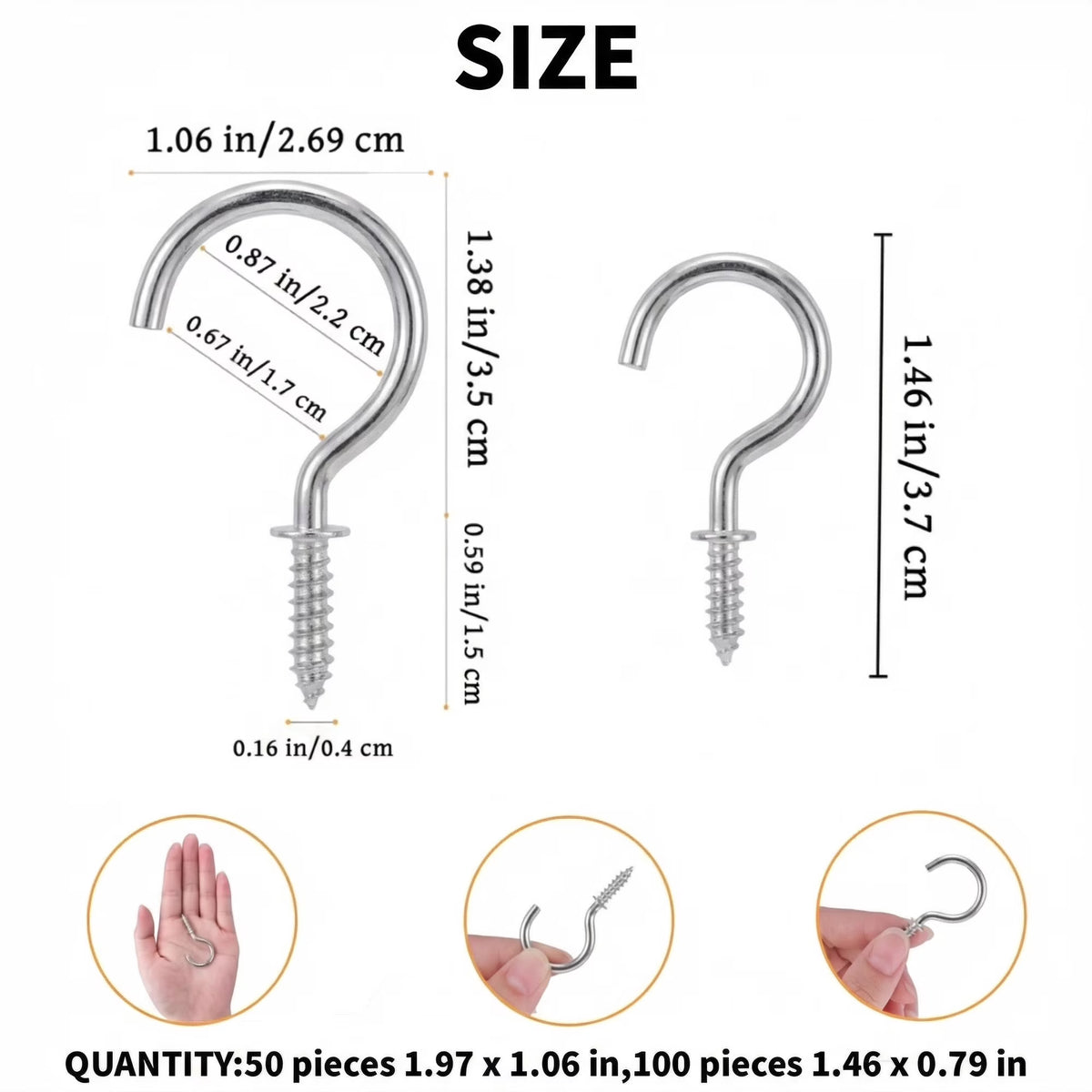150 Pcs Silver Screw Hooks, Screw in Hooks, 2 Sizes Cup Hooks, Ceiling Hooks for Hanging Plants, String Lights, Kitchen Use, 1 Inch and 1-1/2 Inch