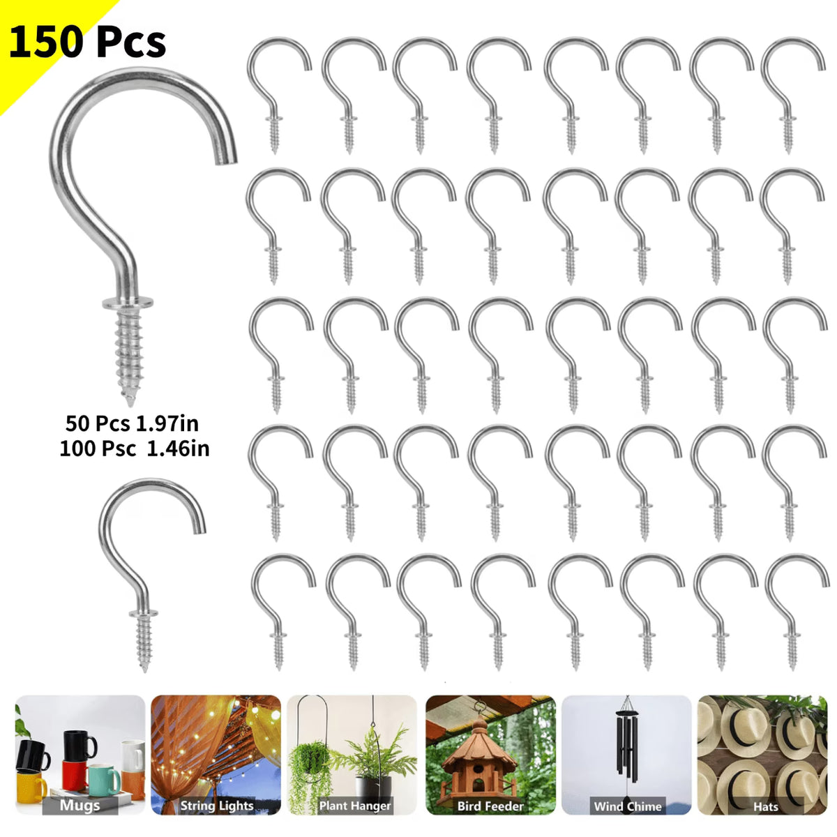 150 Pcs Silver Screw Hooks, Screw in Hooks, 2 Sizes Cup Hooks, Ceiling Hooks for Hanging Plants, String Lights, Kitchen Use, 1 Inch and 1-1/2 Inch
