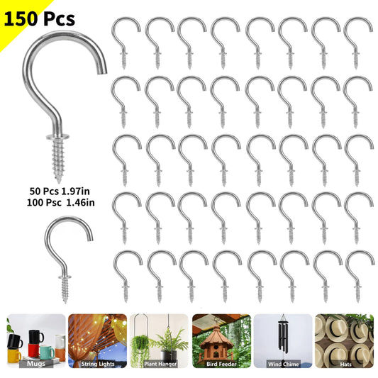 150 Pcs Silver Screw Hooks, Screw in Hooks, 2 Sizes Cup Hooks, Ceiling Hooks for Hanging Plants, String Lights, Kitchen Use, 1 Inch and 1-1/2 Inch