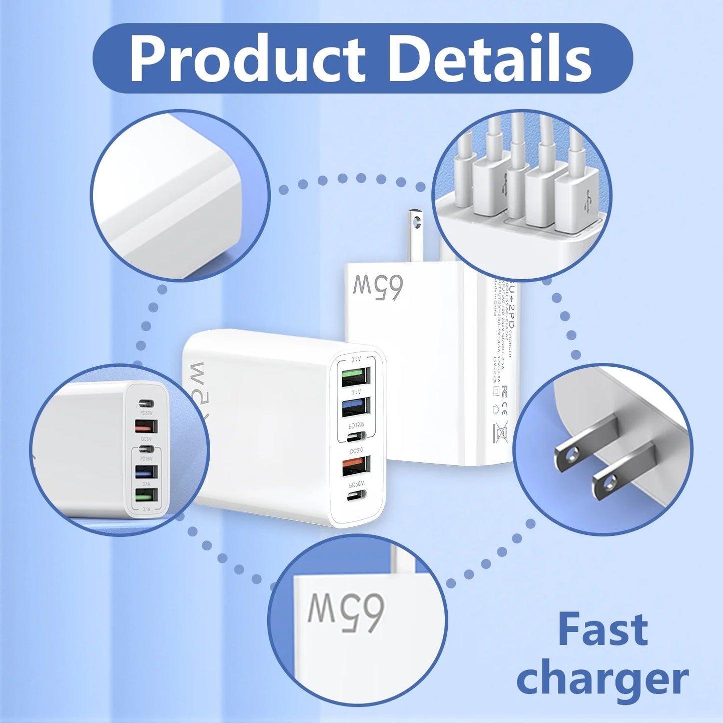 65W USB C Fast Charger,2 Pack Wall Charger Block,6 Port Power Adapter,Compatible with Various Types of Mobile Phones and Computers,White