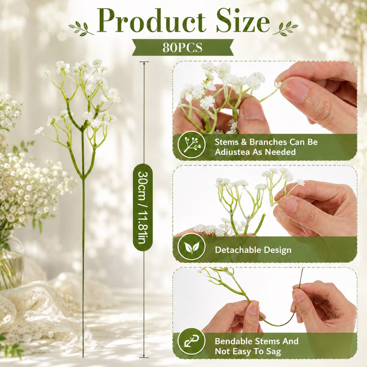 ChrumpTon 80 Pcs Baby's Breath Artificial Flowers, 11.8 Inch Real Touch Gypsophila Stems, Bulk Faux Flowers for Wedding Decor, Party Decorations, Home Centerpieces (Vase Not Included)