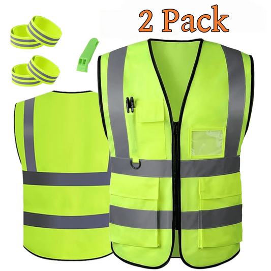 2-Pack Reflective Safety Vest for Men and Women, High Visibility Vest with Pockets, Breathable Mesh, Construction Vest with Whistle and Neon Silver Strip, Green, 4XL