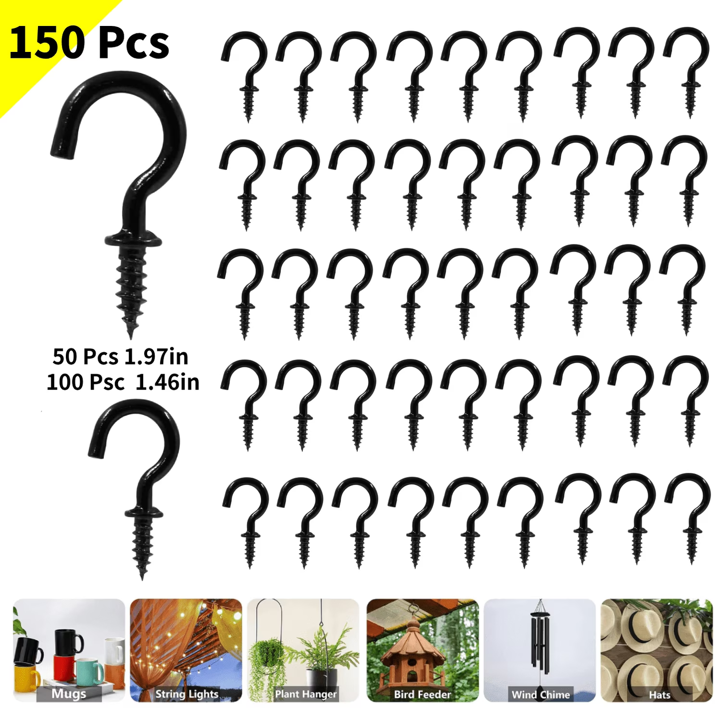 2 Sizes 150 Pcs Screw Hooks Kit,Ceiling Hooks,Hanger Hooks Outdoor Plant Hooks for Outdoor Ceiling Hooks for Hanging,Screw-in Cup Hooks Kit,Black