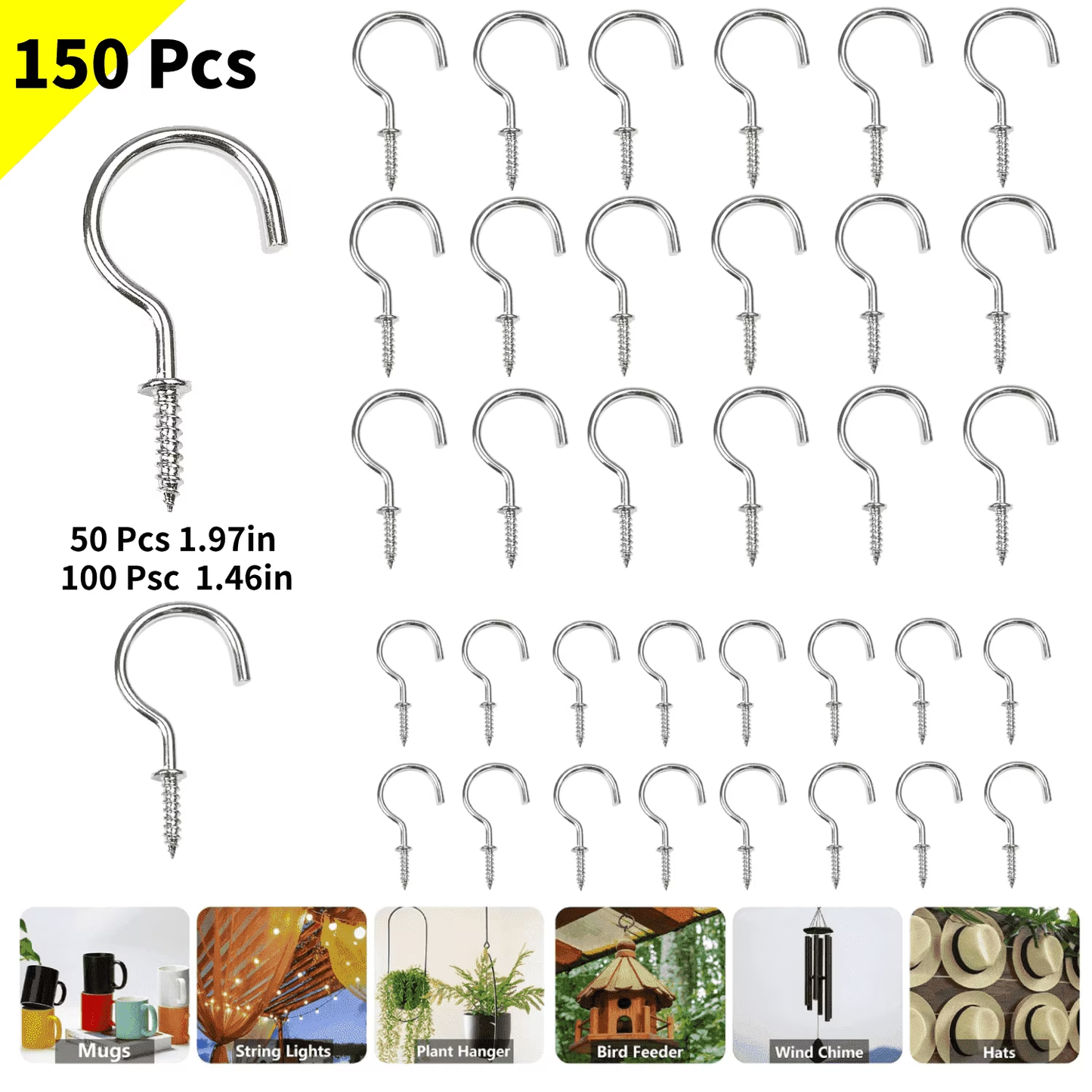 2 Sizes 150 Pcs Screw Hooks Kit,Ceiling Hooks,Hanger Hooks Outdoor Plant Hooks for Outdoor Ceiling Hooks for Hanging,Screw-in Cup Hooks Kit,Black